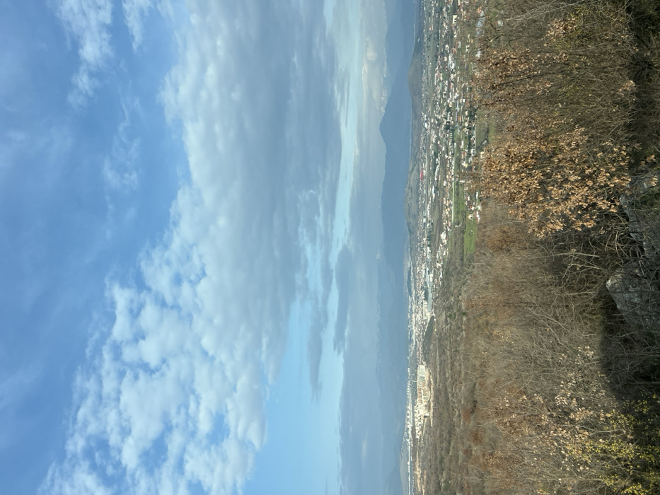 This image presents a panoramic landscape view captured from an elevated position within Gornji Kokoti, Montenegro. The foreground is dominated by a dense cluster of deciduous trees and shrubs with bare, dark branches and scattered remnants of dry, light brown foliage, indicative of late autumn or winter. Rocky terrain is visible at the immediate base of this vegetation.
The midground features an extensive urban settlement, likely encompassing parts of Gornji Kokoti and surrounding areas. This settlement consists of numerous residential and commercial buildings of varying sizes and colors, with a concentration of larger, lighter-toned multi-story structures visible on the left side of the urban sprawl. Green fields and cultivated land are interspersed throughout and bordering the built environment.
The background reveals multiple layers of mountains extending across the horizon. Distant peaks display visible snowcaps, suggesting higher altitudes. The sky, occupying the upper half of the frame, is partly cloudy, with bright blue patches interspersed with white, scattered cumulus clouds and broader, grayish stratocumulus formations. The lighting suggests daylight conditions, with shadows indicating a sun position to the left of the observer. No individuals or active human interactions are depicted within the scene.
