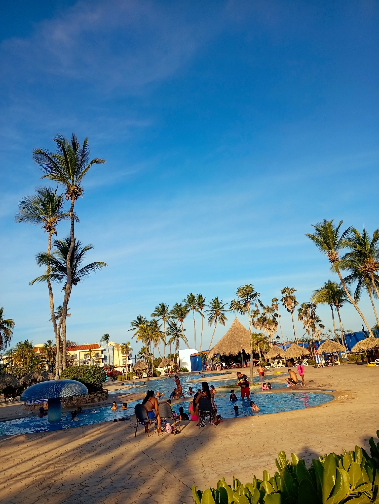 The image depicts a lively scene at what appears to be a resort pool in Playa El Agua, Venezuela. The sky is a clear, bright blue. Several tall palm trees line the periphery of the pool area.
In the foreground, a kidney-shaped pool is filled with people of various ages, including adults and children. Some are swimming, while others are standing or sitting in the shallow areas. A structure resembling a mushroom covered in blue tiles serves as a decorative element in the pool.
Around the pool, there are lounge chairs and straw-roofed cabanas, some occupied by people relaxing. A thatched-roof structure stands in the background, likely a bar or restaurant.
People are engaged in various activities, such as swimming, talking, and playing in the water. Some are seated in chairs near the pool's edge. The overall impression is one of leisure and recreation in a tropical setting. Buildings and more palm trees are visible in the distance behind the pool area.