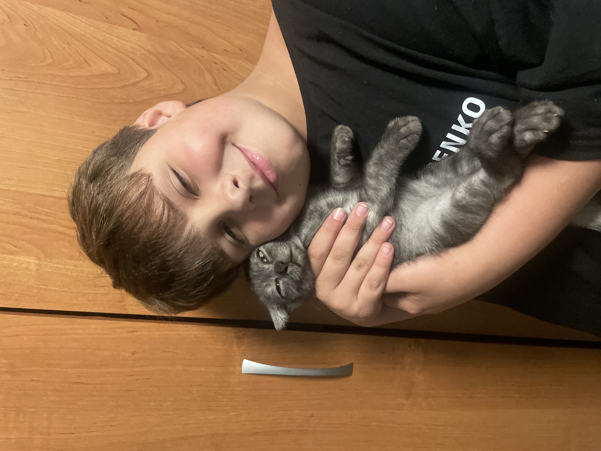 A young boy with light brown hair is holding a small, grey tabby kitten. The boy is smiling with his eyes closed, and he is wearing a black t-shirt with white lettering. The kitten is nestled in the crook of his arm and appears to be relaxed. They are standing in front of a wooden closet door with a silver handle. The background suggests an indoor setting, possibly a home in the city of Trudobelikovskiy, Russia.
