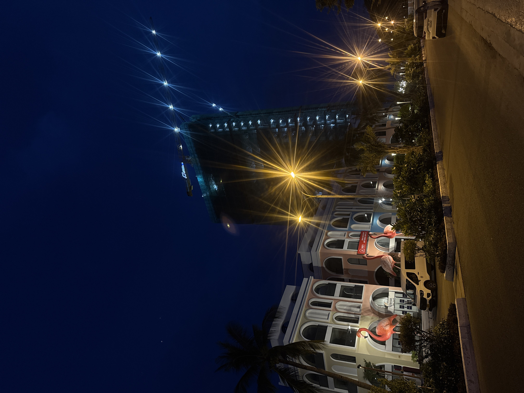 The image depicts a nighttime scene in Nha Trang Ward, Vietnam, featuring a row of colorful buildings with arched windows and balconies, illuminated by streetlights. A tall, under-construction building with cranes and spotlights is visible in the background. Two large pink flamingo sculptures stand in front of one of the buildings, and a white van is parked nearby. A palm tree is silhouetted against the night sky. The street in the foreground is empty except for a parked white car. The overall impression is of a developing urban area at night.