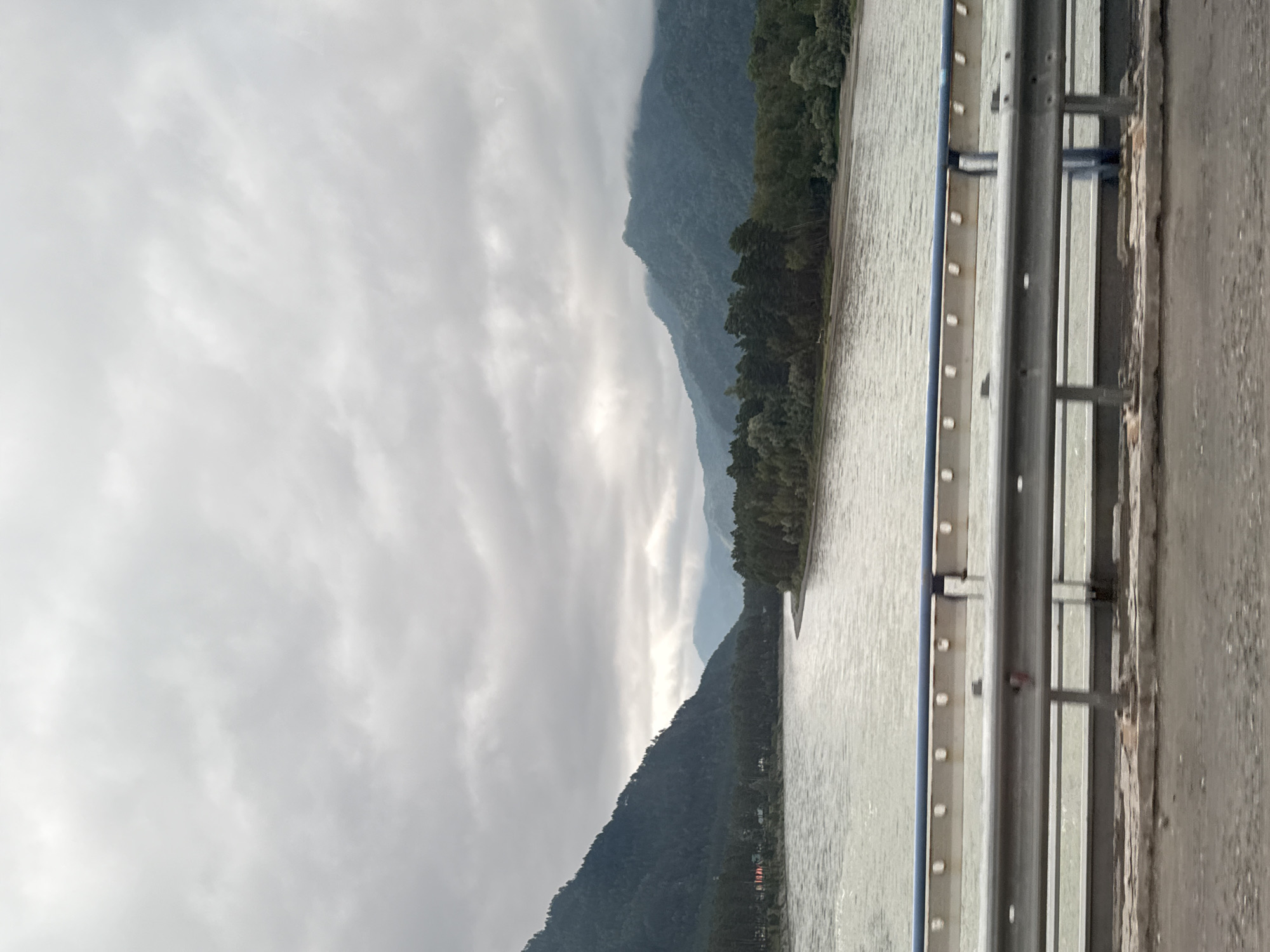 The image captures a view from a bridge over the Katun River in Ust'-Sema, Russia. The river flows through a valley flanked by dense, tree-covered mountains under a cloudy sky. The foreground shows the bridge's railing, constructed of metal bars and supports, with a paved road surface visible below. The water is a murky gray-green, reflecting the overcast conditions. The mountains on either side are a deep green, with some appearing to be partially obscured by mist or low clouds. The overall impression is one of a serene, natural landscape on a typically cloudy day.