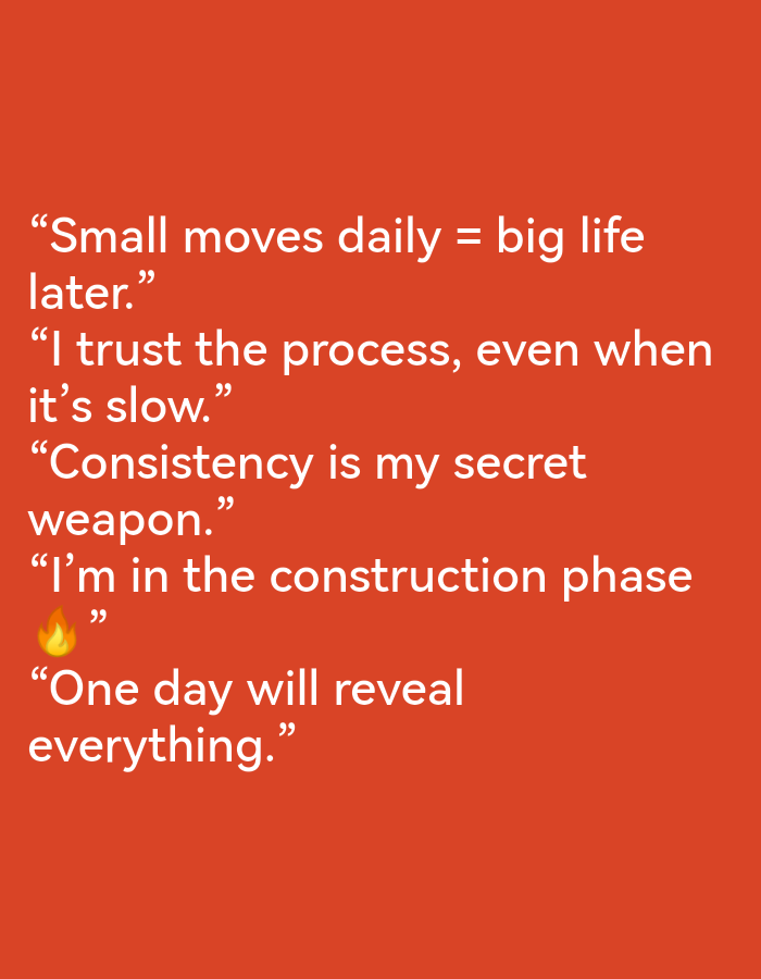 The image is a plain orange background with white text. The text contains five quotes: "Small moves daily = big life later.", "I trust the process, even when it's slow.", "Consistency is my secret weapon.", "I'm in the construction phase 🔥", and "One day will reveal everything.". There is no discernible location in the city of Ikorodu, Nigeria.