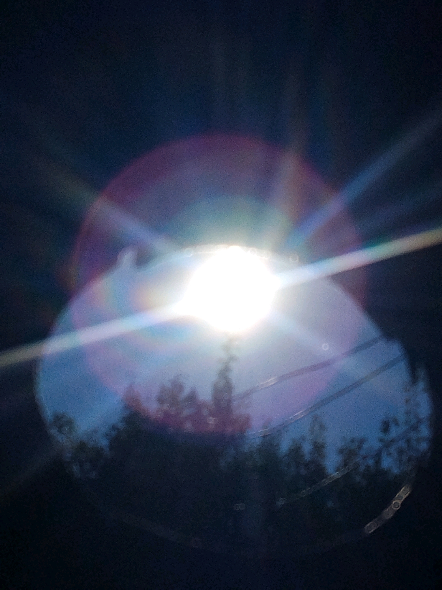 The image captures a bright light source, possibly the sun or a street lamp, emitting strong lens flares and a rainbow-like halo against a dark, textured background. Below the light, silhouetted against the glow, is a line of trees, suggesting an outdoor setting. The lower portion of the image shows a blurry, dark foreground with indistinct shapes, possibly indicative of foliage or other ground cover. There are also circular light refractions scattered across the image. The scene is abstract and lacks clear details of people or specific objects, rendering a precise location within Hoholeve, Ukraine impossible to determine.