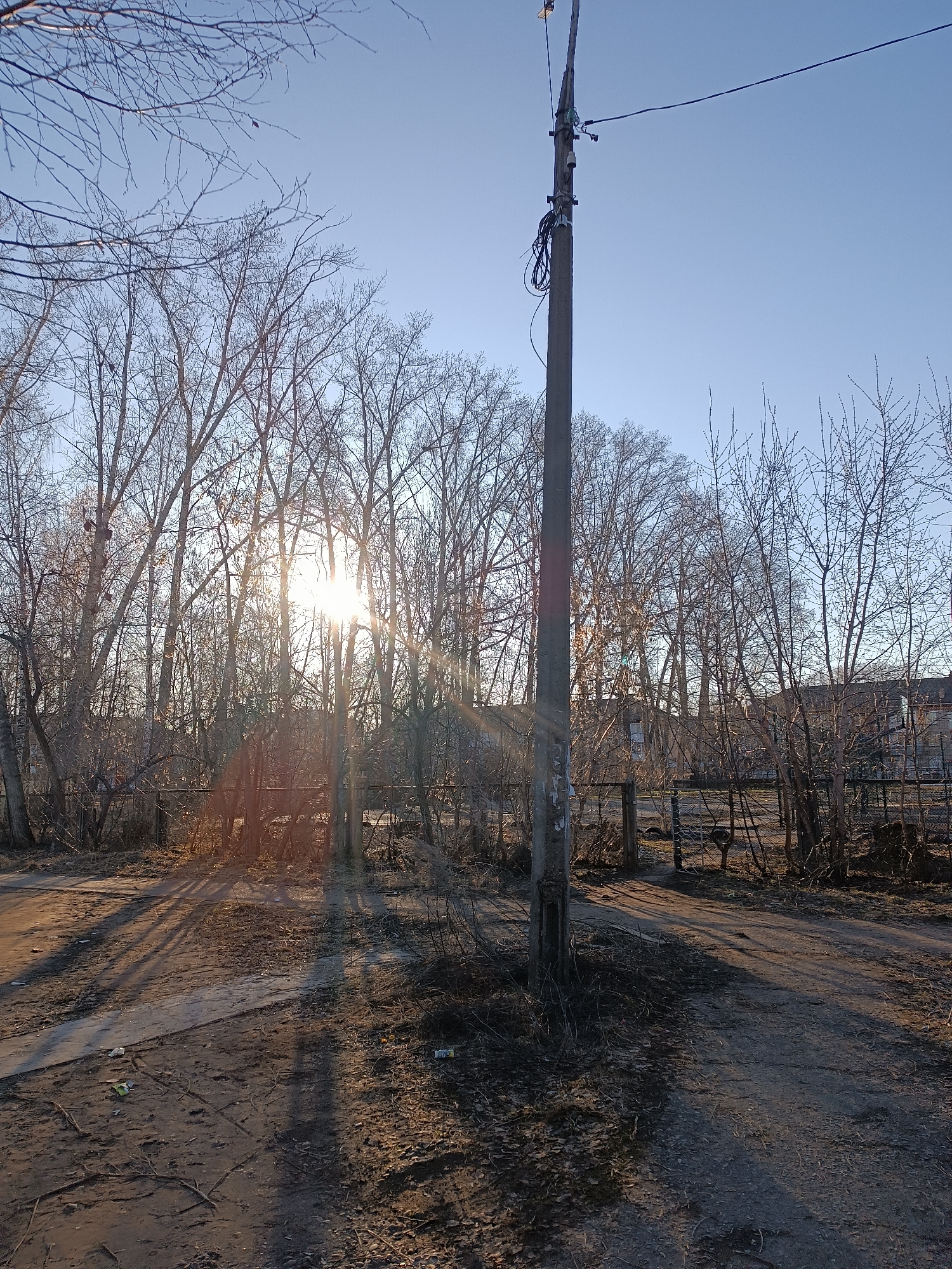 The image depicts a dirt road landscape with bare trees silhouetted against a bright sun. A utility pole stands in the right foreground, casting a long shadow across the road. Behind the trees, hints of buildings and a fence are visible. The location is in an urban area, judging by the power pole and the presence of a road. The image was taken during daytime, as indicated by the sunshine. There are no people visible in the image.