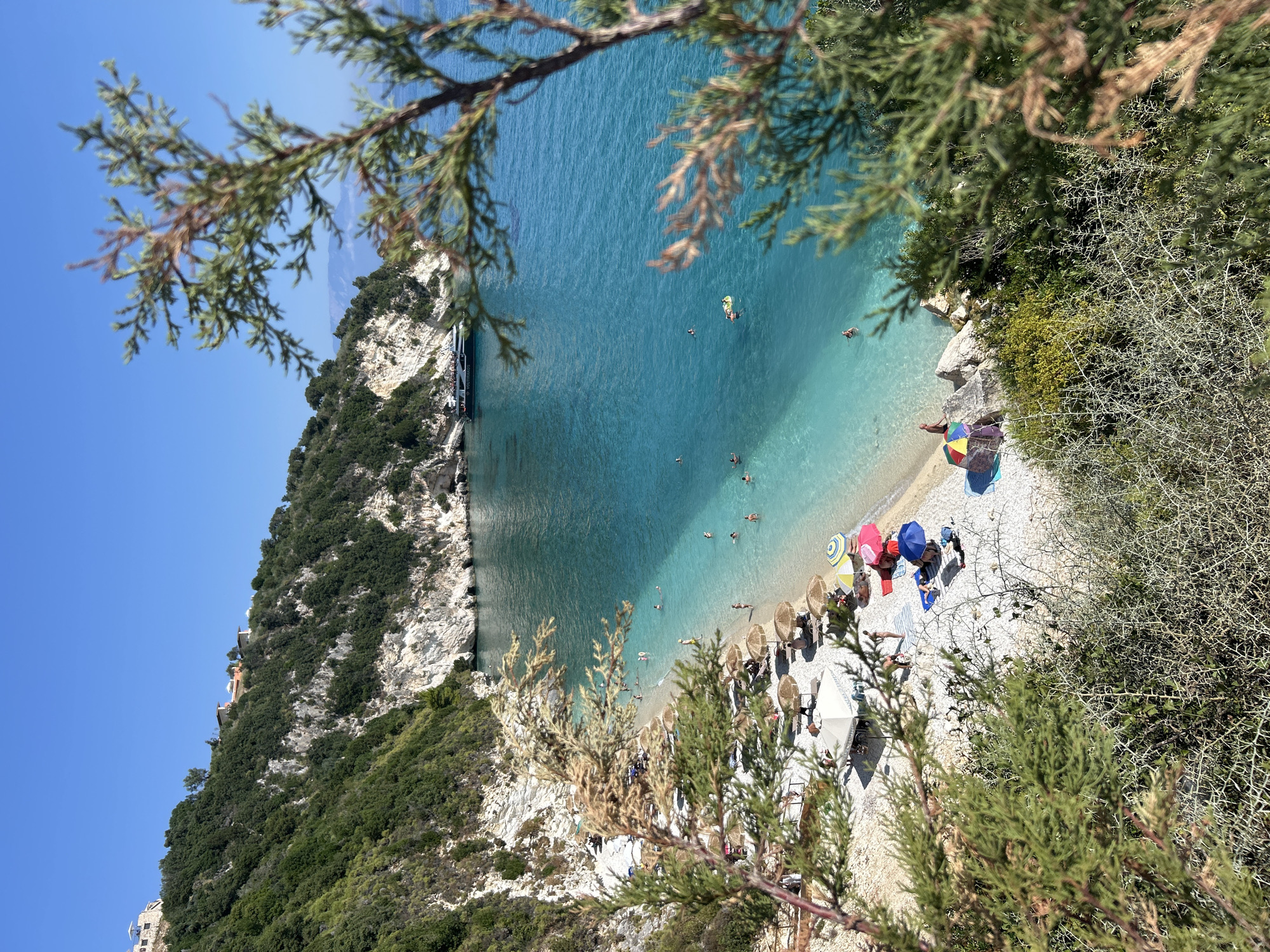 The image shows a scenic view of a pebble beach and clear turquoise water, likely in the Elaties Municipal Unit, Greece. The beach is dotted with sunbathers, colorful umbrellas, and lounge chairs. Several people are swimming or floating in the shallow water near the shore, while others are relaxing on the beach. A large boat is anchored in the deeper water, and a few buildings are visible on the cliff overlooking the bay. The foreground is partially obscured by lush green foliage and tree branches, suggesting the photo was taken from an elevated viewpoint. The sky is a clear, bright blue, indicating a sunny day.