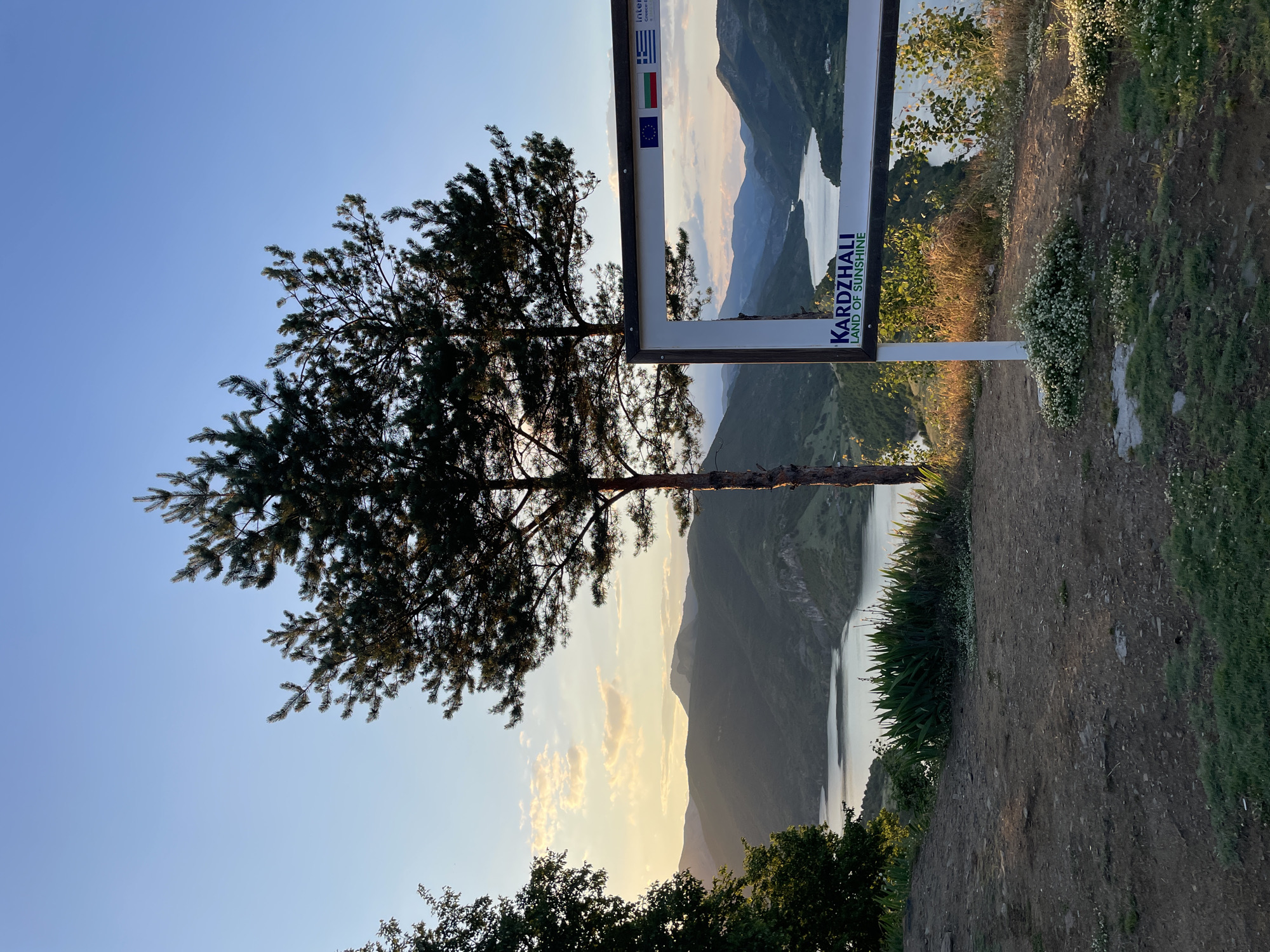 The image captures a scenic overlook of a winding river valley and surrounding mountains, likely at sunset, due to the warm, golden light casting long shadows. Two prominent pine trees frame the view from the left and right foreground, with their dark green needles silhouetted against a clear, pale blue sky.
In the middle ground, a large signpost stands to the right, featuring a white frame with an image of the very landscape visible. The sign itself displays the text "KARDZHALI LAND OF SUNSHINE" in bold lettering. Above this text, three flags are visible: the European Union flag, the Bulgarian flag, and the Greek flag.
The terrain in the foreground is uneven and covered with dirt, rocks, and patches of green grass. Small white wildflowers are scattered throughout this area, particularly near the base of the signpost. The river in the background is wide and reflects the soft light of the sky, appearing calm. The mountains are layered, with darker, forested slopes in the mid-distance and softer, more distant peaks fading into a hazy blue. The overall impression is one of natural beauty and a designated viewpoint, possibly a tourist attraction. The location is identified as Ribartsi, Bulgaria.