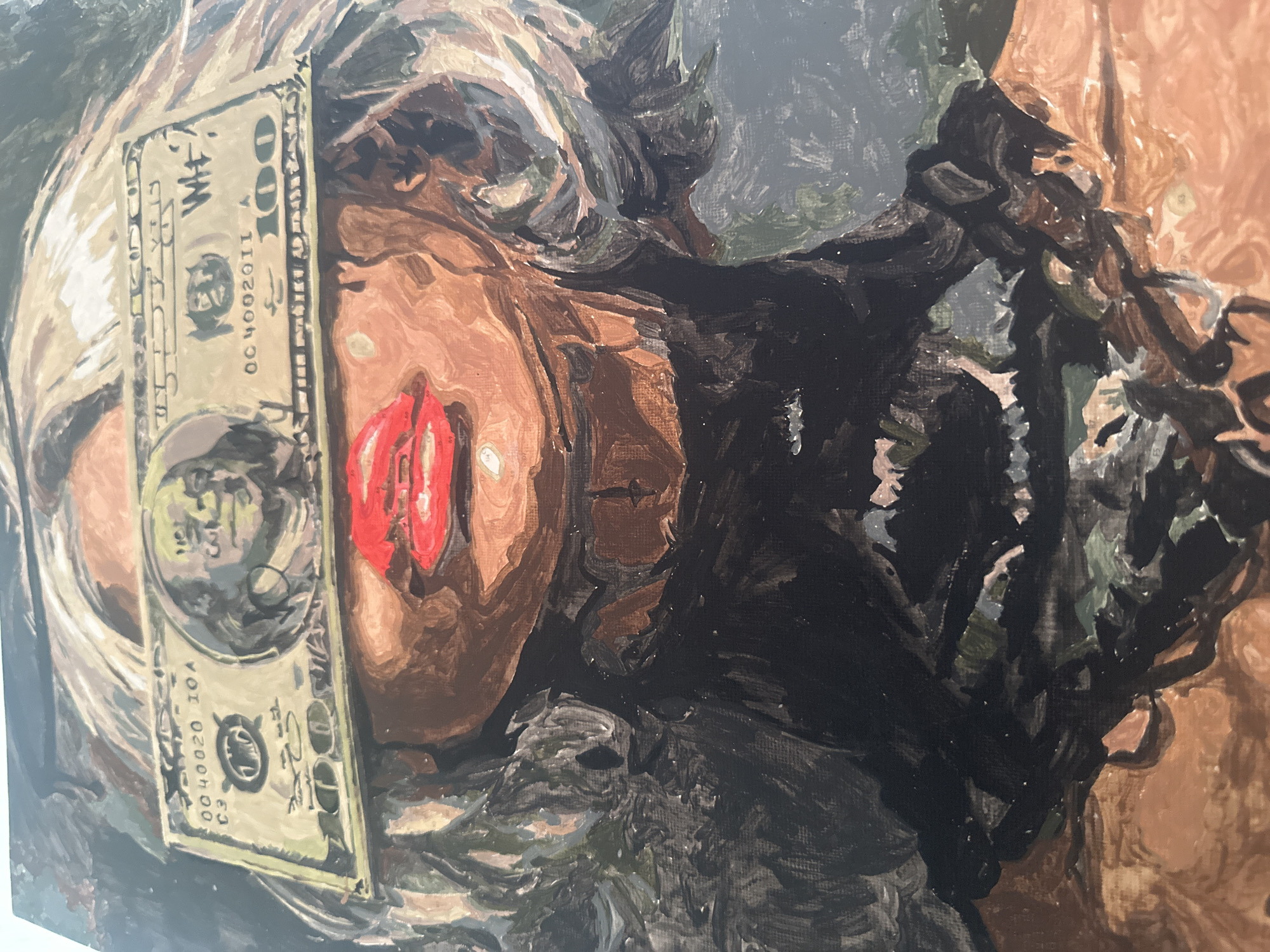 The image shows an oil painting of a person with a hundred-dollar bill positioned over their eyes. The painting depicts a person's face, partially obscured by a light-colored hairstyle. A hundred-dollar bill covers the eyes, and the person has red painted lips. The painting is done in an impressionistic style with visible brushstrokes and muted colors. The background consists of dark and indistinct shapes. There is no reference to the location "Высокий, Russia."