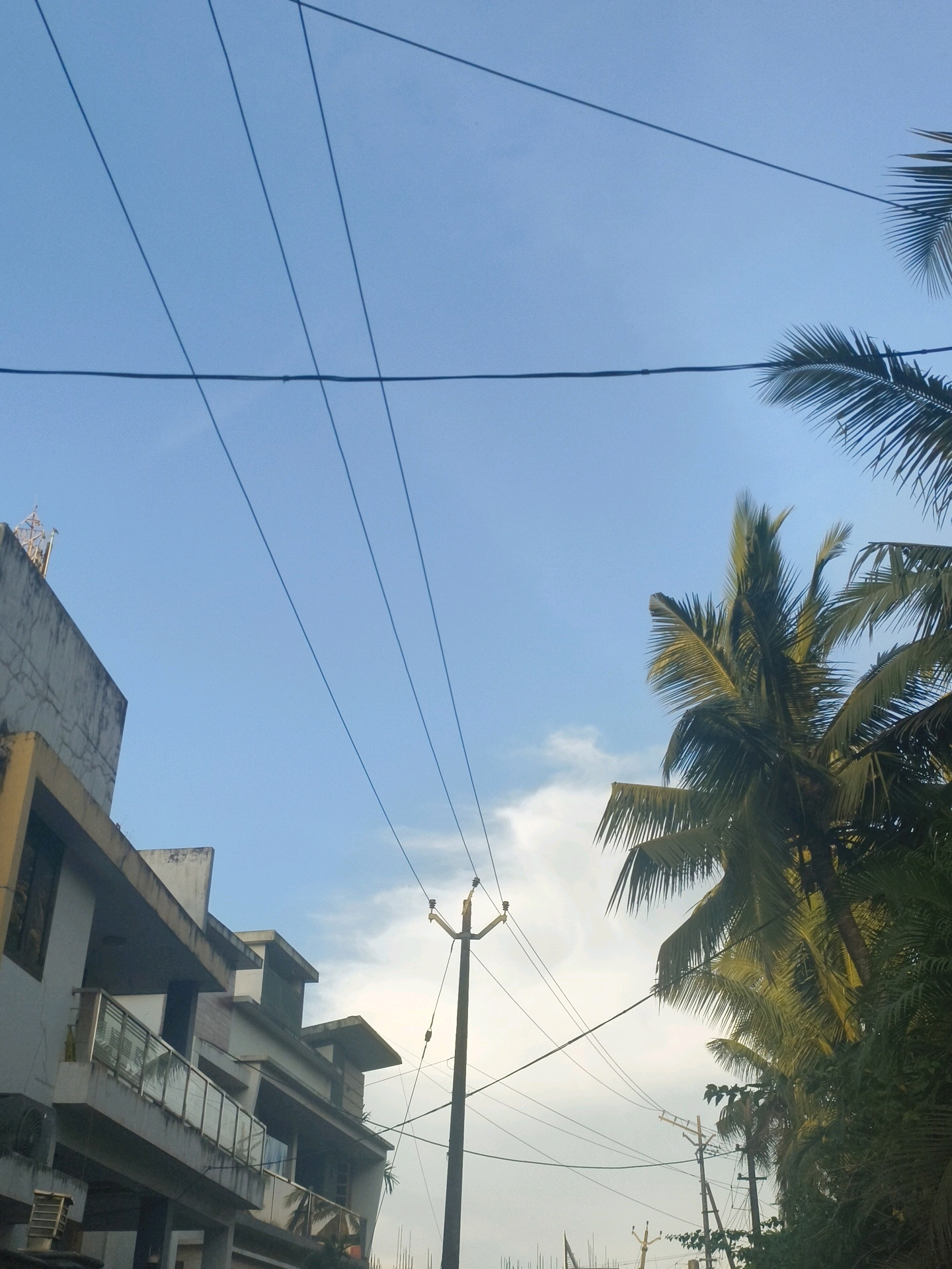 The image depicts a street scene in Uppala, India. In the foreground, a modern building with multiple balconies and a glass railing is visible on the left. Power lines crisscross the sky, supported by utility poles. A prominent utility pole with insulators is located in the center right of the frame. To the right, lush palm trees with their fronds extend into the frame, some appearing illuminated by sunlight. The sky is a clear blue with a few scattered clouds. The overall impression is of a typical urban or semi-urban environment in India with overhead electrical infrastructure and tropical vegetation.