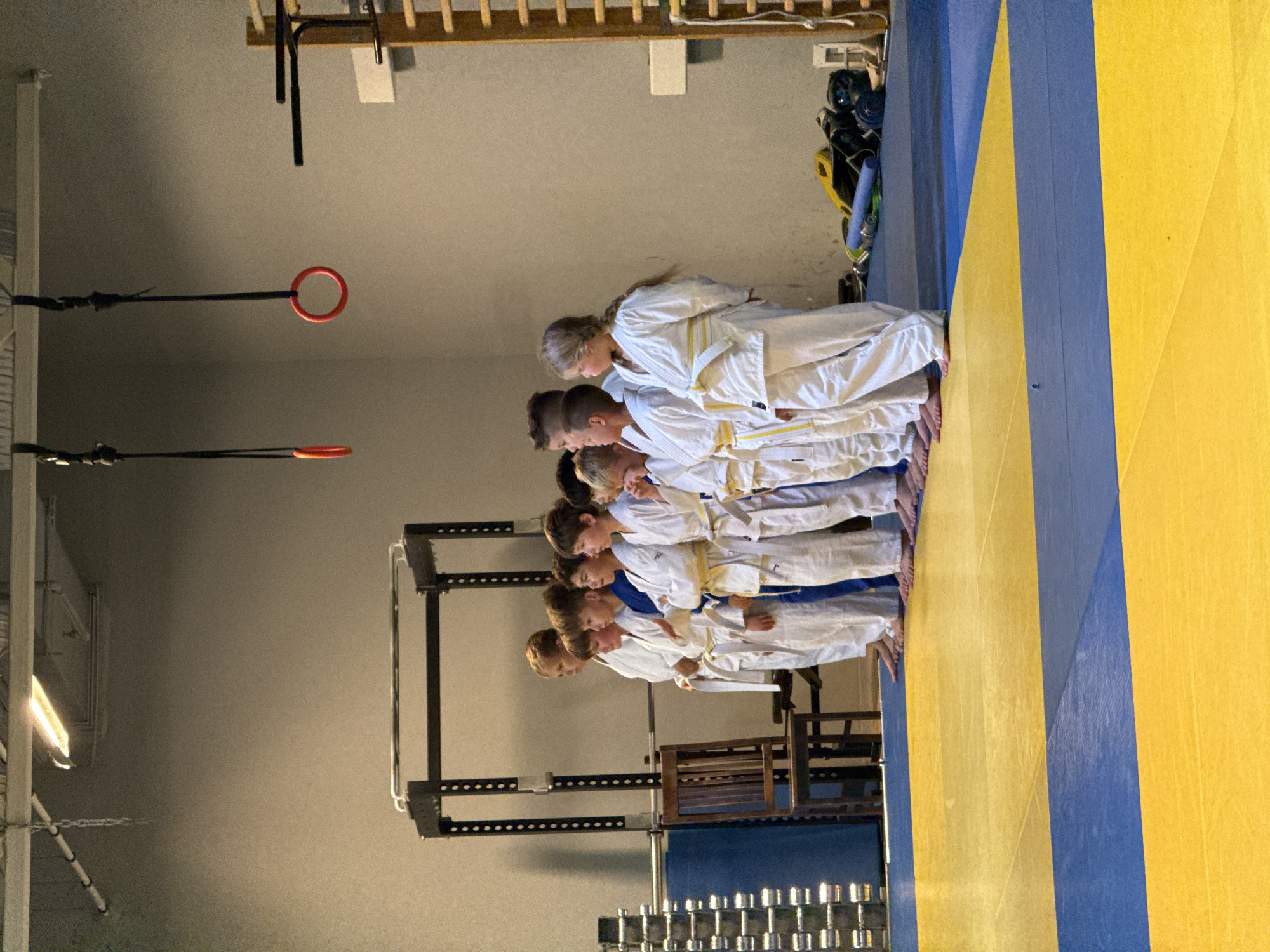 A group of children, both boys and girls, dressed in white martial arts uniforms with yellow belts, stand in a line facing to the right in a gymnasium. The children are positioned on a blue and yellow mat. In the background, there is weightlifting equipment, including a power rack and a set of dumbbells. There are also gymnastic rings hanging from the ceiling and a wooden climbing wall apparatus. The room has a concrete floor and gray walls, with industrial lighting fixtures visible on the ceiling.