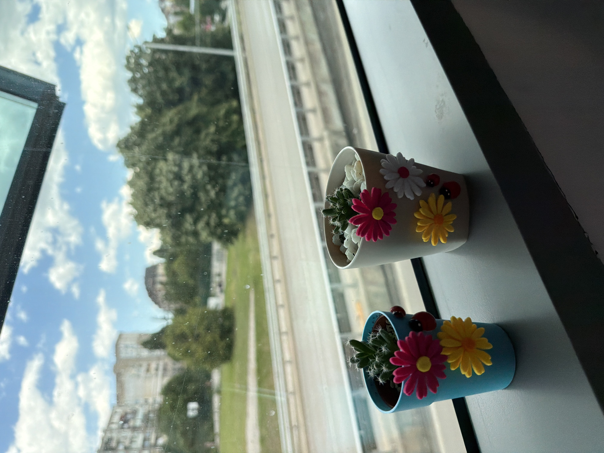 Two small potted cacti are placed on a windowsill overlooking a city street and buildings. The cactus on the left is in a blue pot decorated with a pink and yellow felt flower and two ladybug embellishments. The cactus on the right is in a beige pot filled with white stones, decorated with pink, white, and yellow felt flowers, and one ladybug embellishment. The view outside the window shows a cloudy sky, green trees, and apartment buildings, suggesting an urban environment. The overall scene is a quiet observation of urban life from an interior perspective.