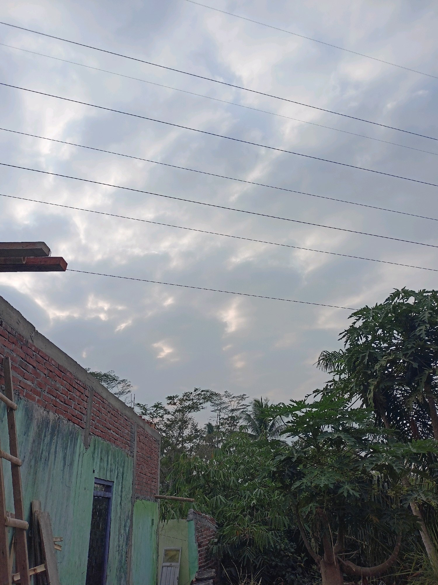 The image depicts an outdoor scene in Payaman, Indonesia, under a cloudy sky. In the foreground, to the left, is the side of a partially constructed brick building with a light green-painted section. A wooden ladder is leaning against the wall. Above the building, there are several horizontal power lines stretching across the frame. The background is filled with lush green trees and foliage.