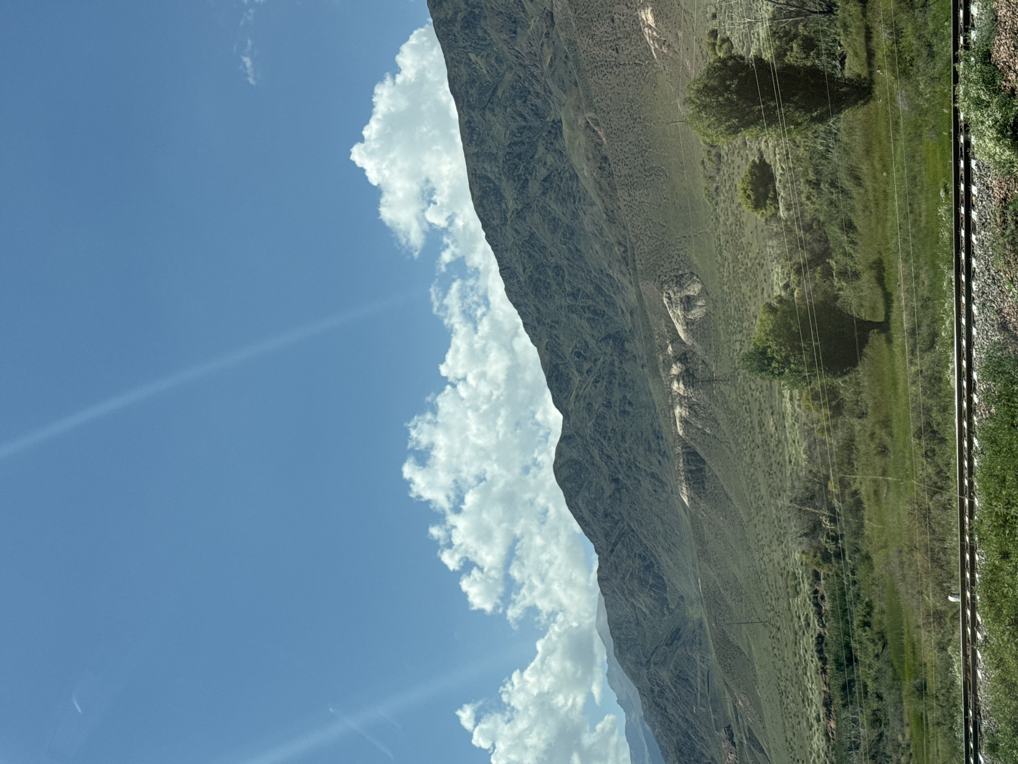 The image depicts a vast, mountainous landscape under a bright blue sky dotted with fluffy white clouds. The foreground features a section of railroad tracks running horizontally across the frame, bordered by lush green grass and vegetation. Beyond the tracks, the terrain slopes upwards, covered in dense, low-lying shrubs and sparse trees. A prominent feature of the midground is a series of rocky outcrops with a lighter color against the darker green slopes. Towering in the background are rugged, dark green mountains, their surfaces textured with numerous ridges and valleys, receding into a hazy distance. Two trees, one smaller and one larger, stand in the midground amidst the vegetation. The overall scene conveys a sense of expansive natural beauty and remoteness. There are no people or animals visible in the image.