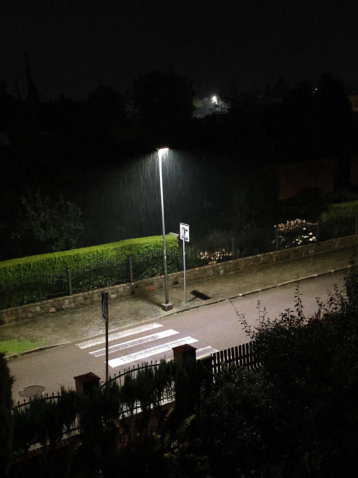The image captures a street scene at night in Tczew, Poland, during a rain shower. A lone streetlamp illuminates a section of a wet asphalt road, casting light on a pedestrian crossing. The crossing's white stripes are visible, glistening with rainwater. Adjacent to the road is a dense green hedge bordering a paved sidewalk. A metal fence runs along the hedge. In the background, trees and darker shapes suggest a residential or park area. A traffic sign, possibly indicating a pedestrian crossing, stands near the lamp post. The overall atmosphere is dark and wet, characteristic of a rainy night. There are no people or vehicles visible in the frame.