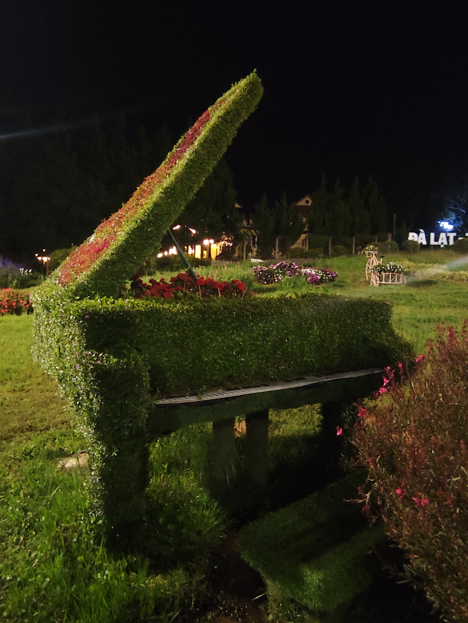 This is a night-time outdoor photograph of a topiary sculpture shaped like an upright grand piano, decorated with red and green flowers. The sculpture is located in a grassy area in Da Lat, Vietnam, as indicated by a sign in the background that reads "ĐÀ LẠT". The piano sculpture is the main subject, positioned in the foreground and taking up a significant portion of the image. Behind the sculpture, the scene depicts a park-like setting with a dark sky, trees, and some illuminated structures or lights in the distance. There are also other floral arrangements and a decorative bicycle visible in the mid-ground. The lighting suggests it is nighttime, with artificial lights casting a glow on the surroundings. The overall impression is that of an artistic display in a public garden or park.