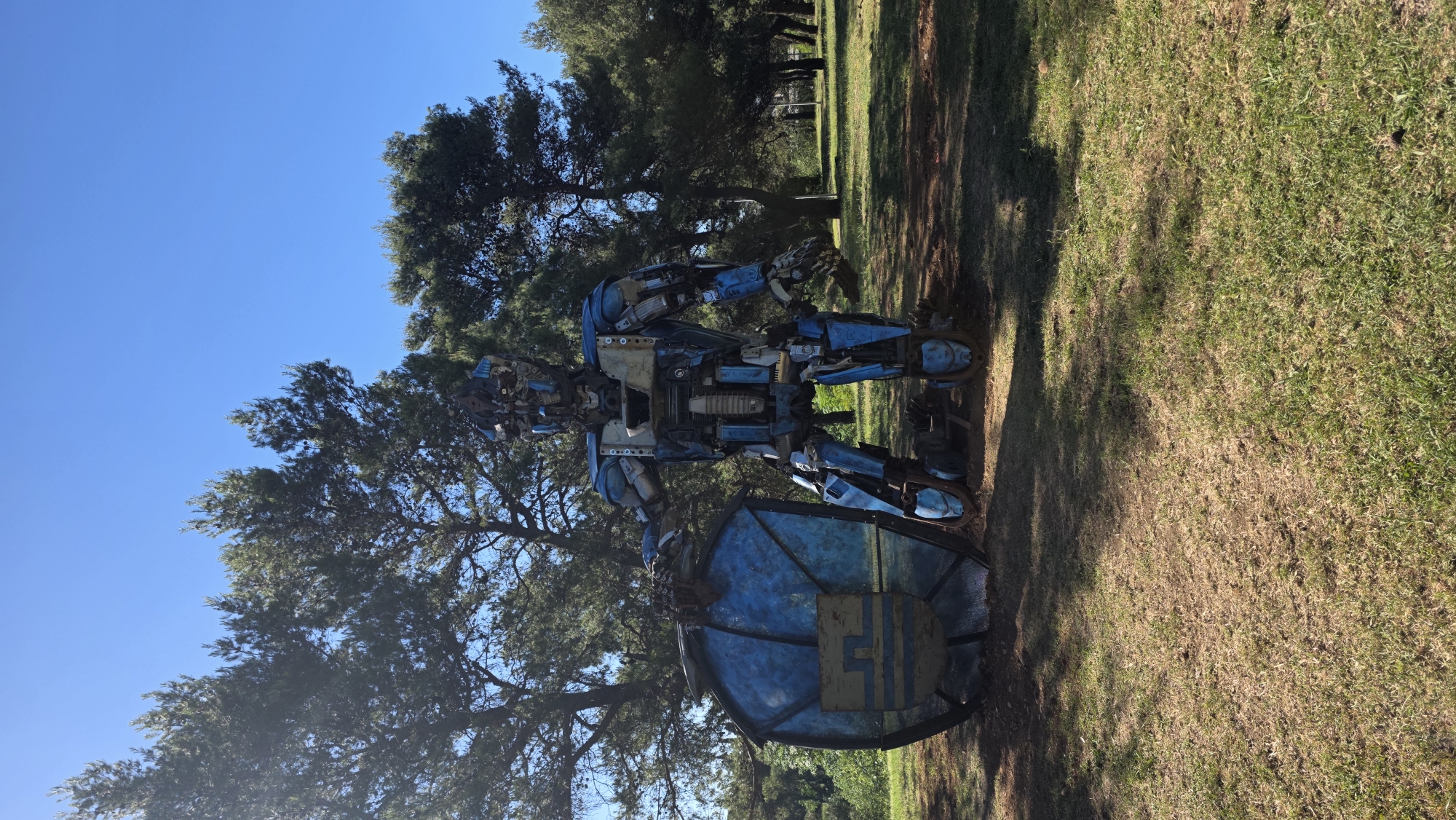 A full-length, outdoor shot shows a large, blue, metal sculpture of a humanoid figure holding a shield, standing on a grassy area. The sculpture is in a park-like setting, with trees and a clear blue sky in the background. The location is likely in Podgorica, Montenegro, based on the presence of the sculpture which can be found in that city. The sculpture is composed of various metal pieces, welded together to form the figure. The shield has a simple design. The lighting indicates a sunny day.