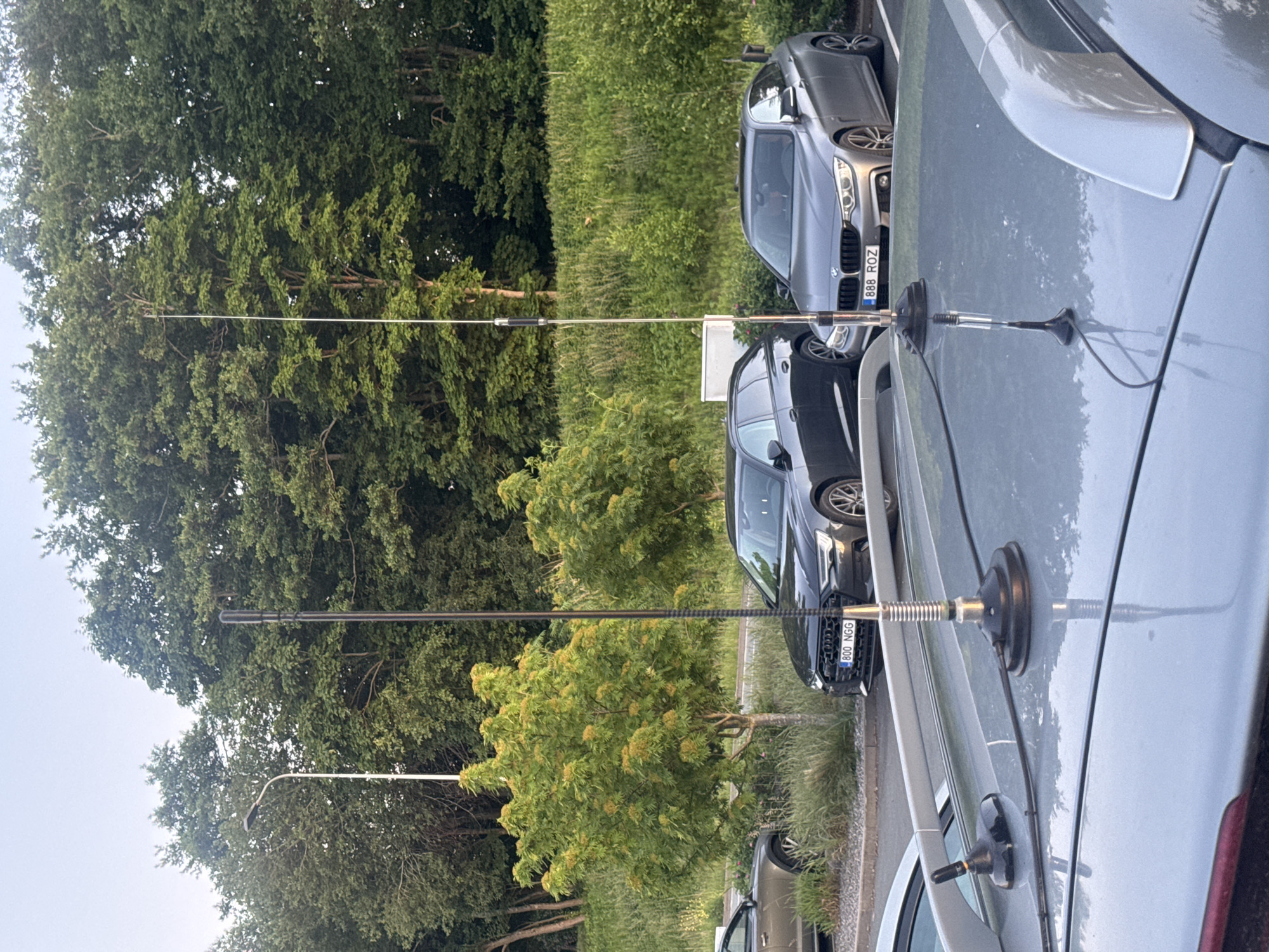 The image depicts an outdoor scene with two cars parked. In the foreground, the roof of a silver car is visible, equipped with two antennas. The car on the left appears to be a dark-colored sedan or hatchback, partially visible. The car on the right is a silver sedan with a license plate that reads "888 ROZ". Behind the cars, there is lush greenery, including trees and bushes. A street light is present on the left side of the image. The setting suggests a parking area, possibly in a suburban or park-like environment, given the abundance of trees and vegetation. The lighting indicates it is either early morning or late evening. The scene is static, with no people or activity clearly depicted. The location is identified as Tallinn, Estonia.