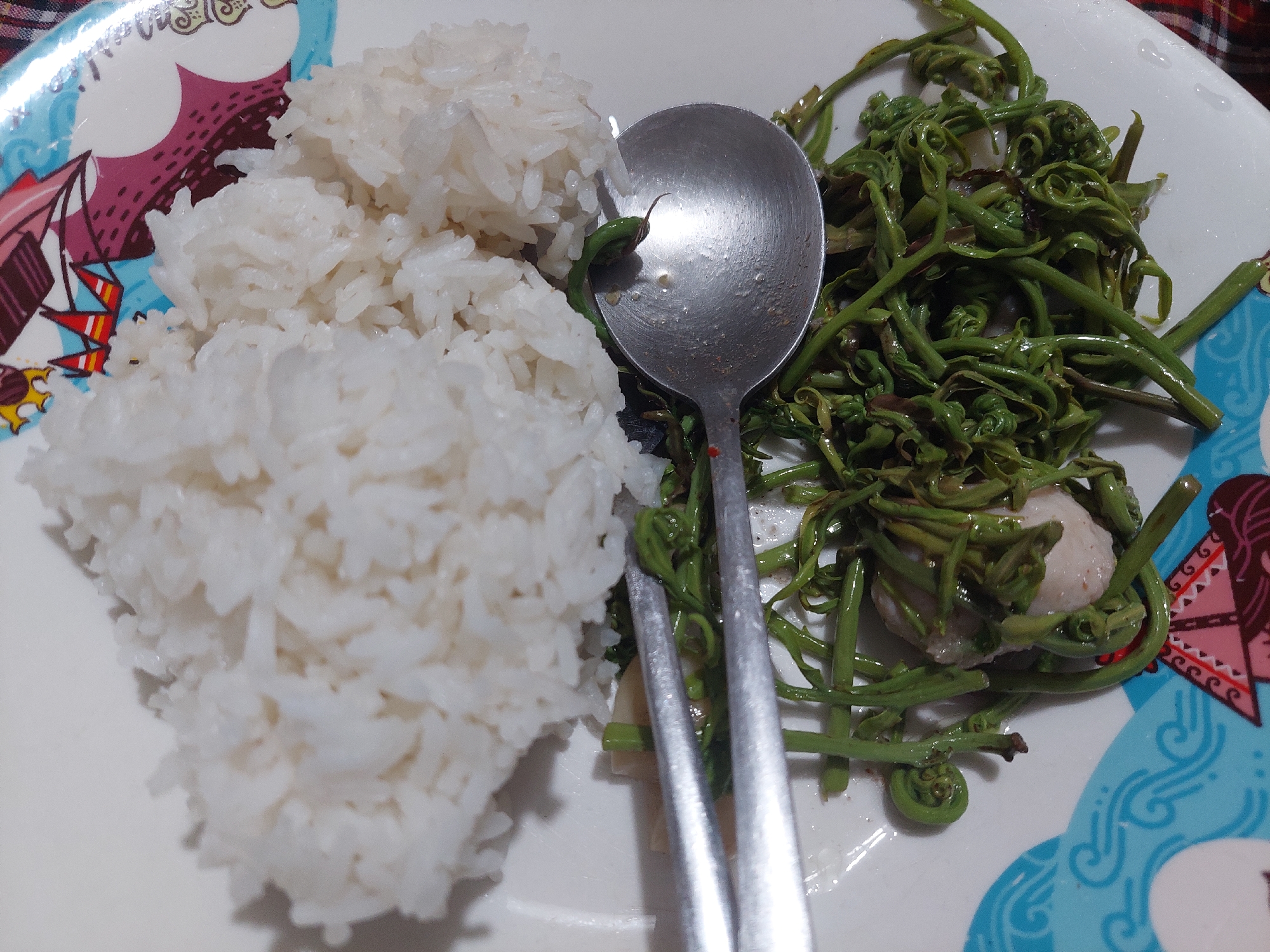 A close-up, eye-level shot captures a white plate adorned with a blue and red illustrated pattern. The plate is filled with a meal consisting of white rice and stir-fried fiddlehead ferns. A silver spoon rests on top of the ferns, and a pair of silver chopsticks are positioned horizontally across the dish, partially submerged in the ferns. The background is out of focus, but appears to be a table with a plaid cloth. The scene is indoors, with overhead lighting casting shadows. There are no people visible in the image. The location in the city of Jelutung, Indonesia is not discernible from the visual information provided.