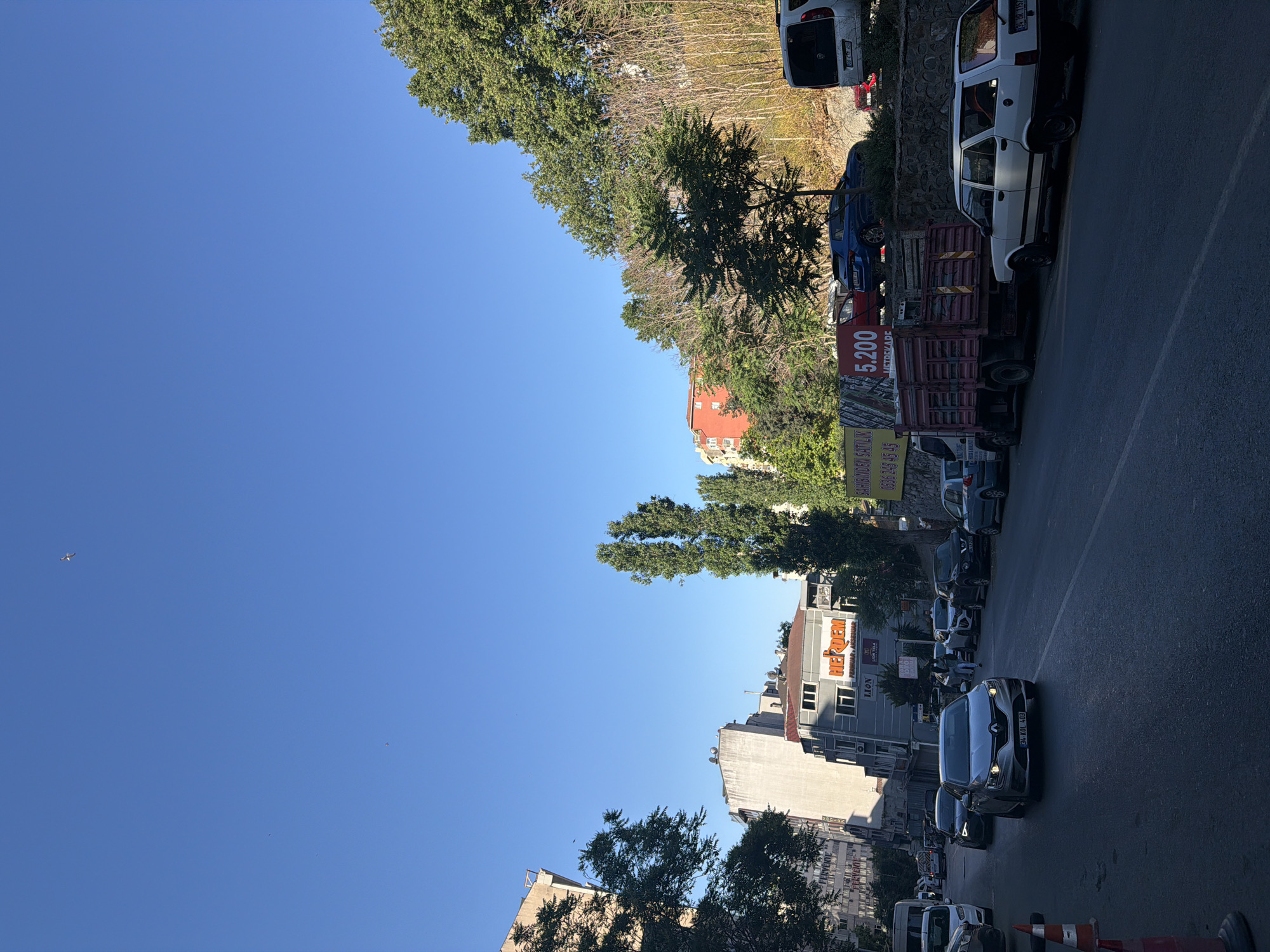 A street scene in Şişli, Turkey, features a clear blue sky with a few distant birds. The road is paved and curves slightly to the right. Several cars are parked along the side of the road and in the street, including a silver sedan, a white station wagon, and a dark-colored sedan. A red truck with a wooden bed is also parked on the side of the road. Buildings with multiple stories line the left side of the street, some with visible signage. Lush green trees and foliage are abundant on the right side of the street and on a hillside. The lighting suggests it is daytime, with shadows indicating the sun is not directly overhead.