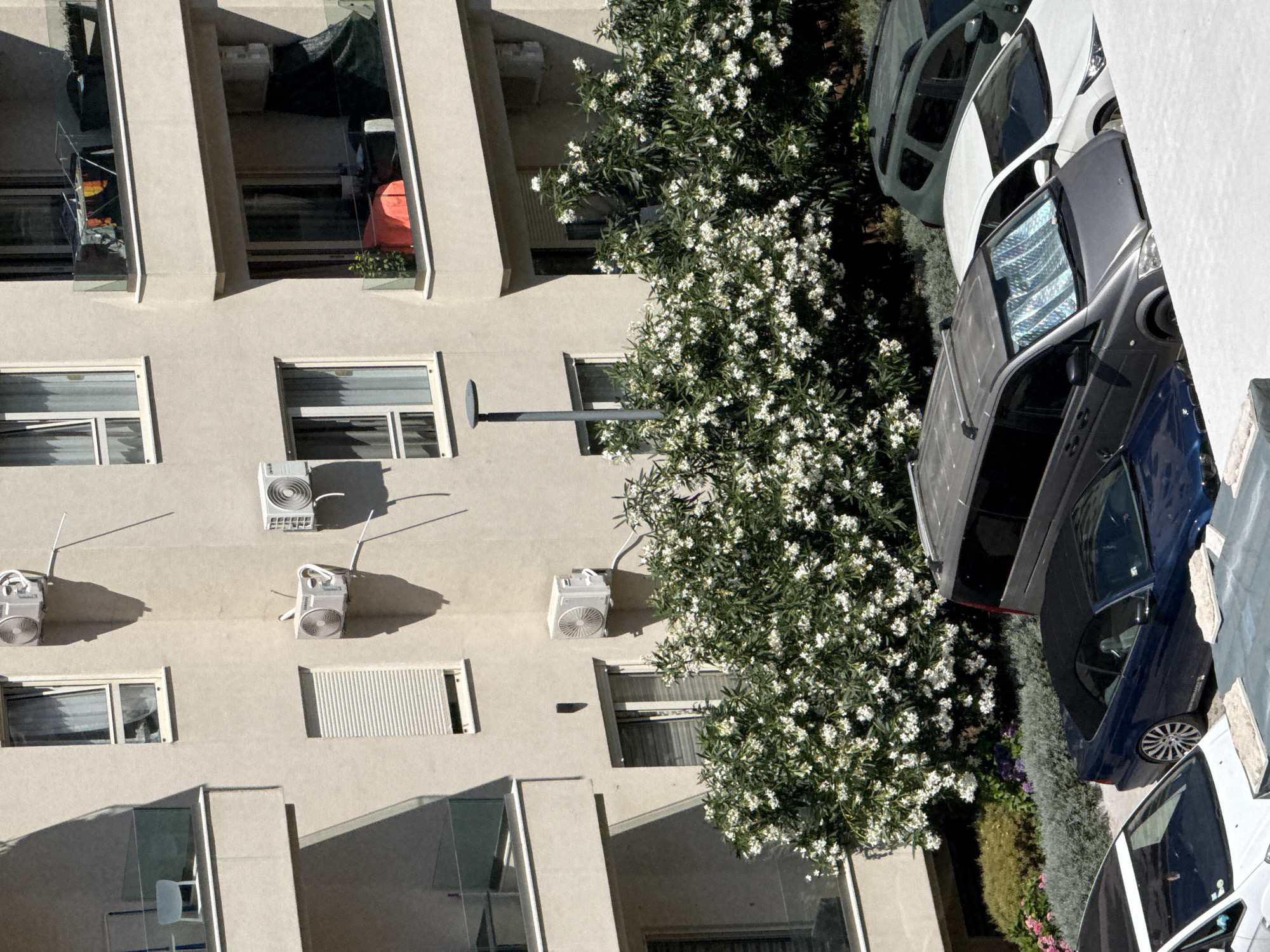 The image depicts an exterior view of a multi-story apartment building, likely located in Boreti, Montenegro. The building's facade is light-colored, with visible windows, balconies, and air conditioning units mounted on the exterior walls. On one balcony, a clothes drying rack with items of clothing is visible. Below the building, several parked cars are arranged in what appears to be a parking area. Among the cars are a dark blue convertible, a gray minivan, a white sedan, and a dark green SUV. Lush green bushes with abundant white flowers are prominently featured in the foreground, partially obscuring the lower floors of the building and the parked vehicles. The scene is bathed in bright sunlight, casting distinct shadows.