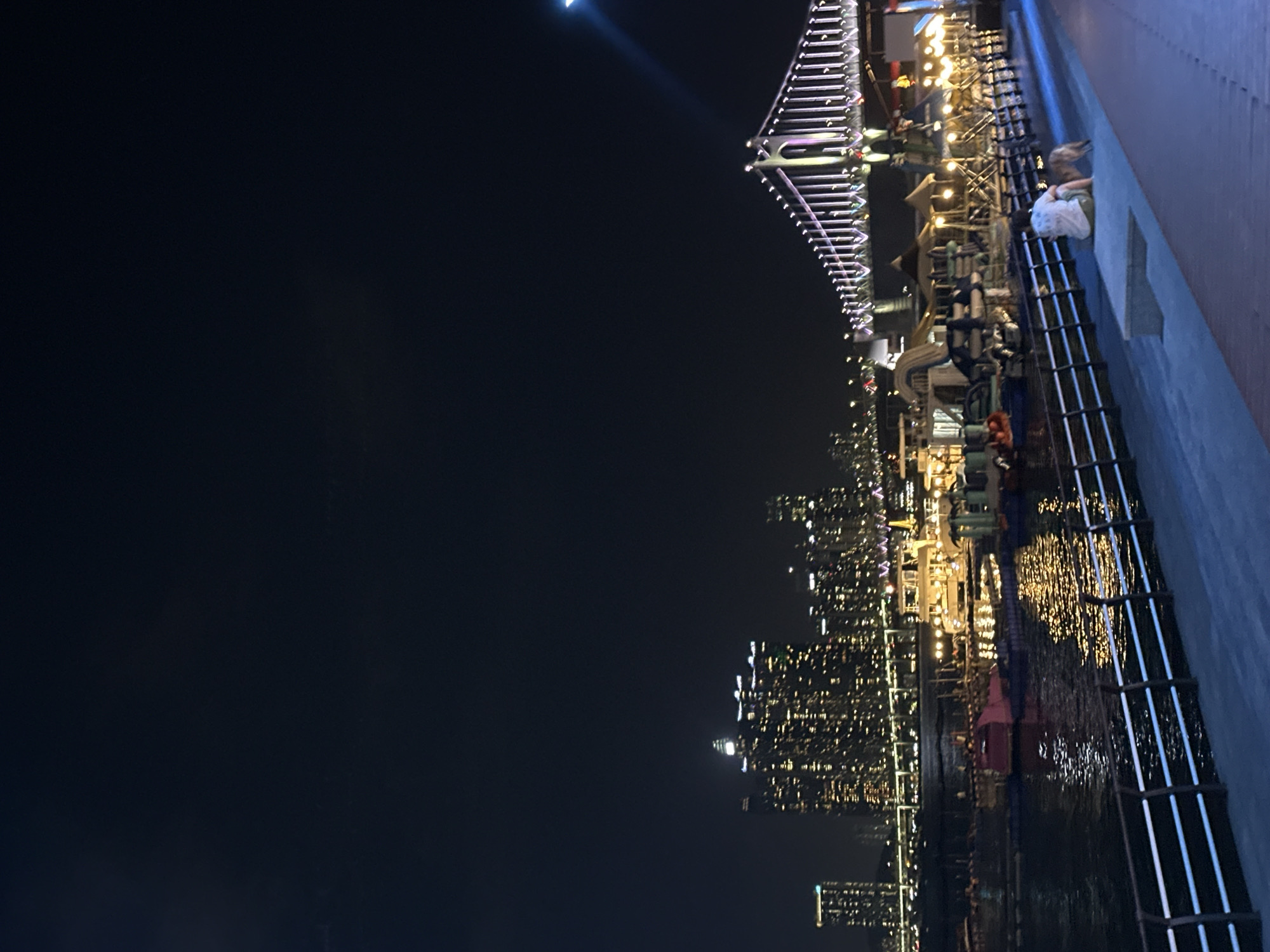 The image shows a nighttime view of the Gwangan Bridge and the Haeundae District skyline in Busan, South Korea. The Gwangan Bridge is illuminated with colorful lights and spans across the water. In the foreground, a person is sitting on a concrete bench with a dog next to them, looking out at the water. The water reflects the lights of the city and the bridge. Several boats and floating structures are visible on the water, and there are buildings and lights of the city in the background. The overall scene is a depiction of an urban waterfront at night.
