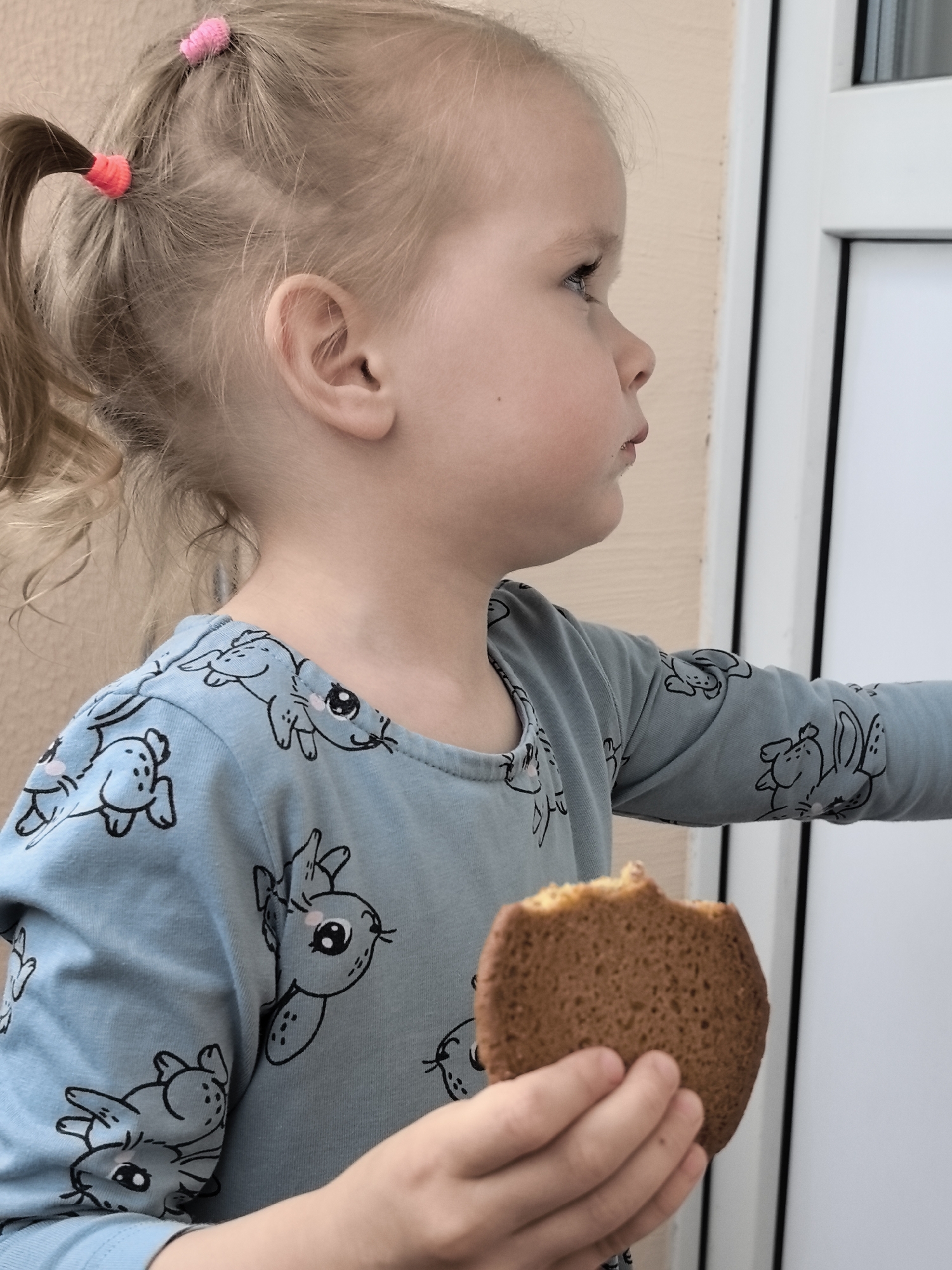 This is a medium shot photograph of a young child, seen in profile, looking to the right. The child has fair hair styled into two pigtails, each secured with a colorful hair tie, one pink and one orange. They are wearing a light blue long-sleeved shirt adorned with a pattern of cartoon rabbits. The child is holding a partially eaten cookie in their right hand. The cookie is a light brown color and appears to be somewhat crumbly.
The background consists of a plain, light-colored wall and a vertical white door or panel. The lighting suggests it is daytime, though no specific time of day can be determined. The child's facial expression is neutral, and there are no discernible emotions conveyed. The setting appears to be outdoors or near an entrance to a building. There is no visible text in the image.