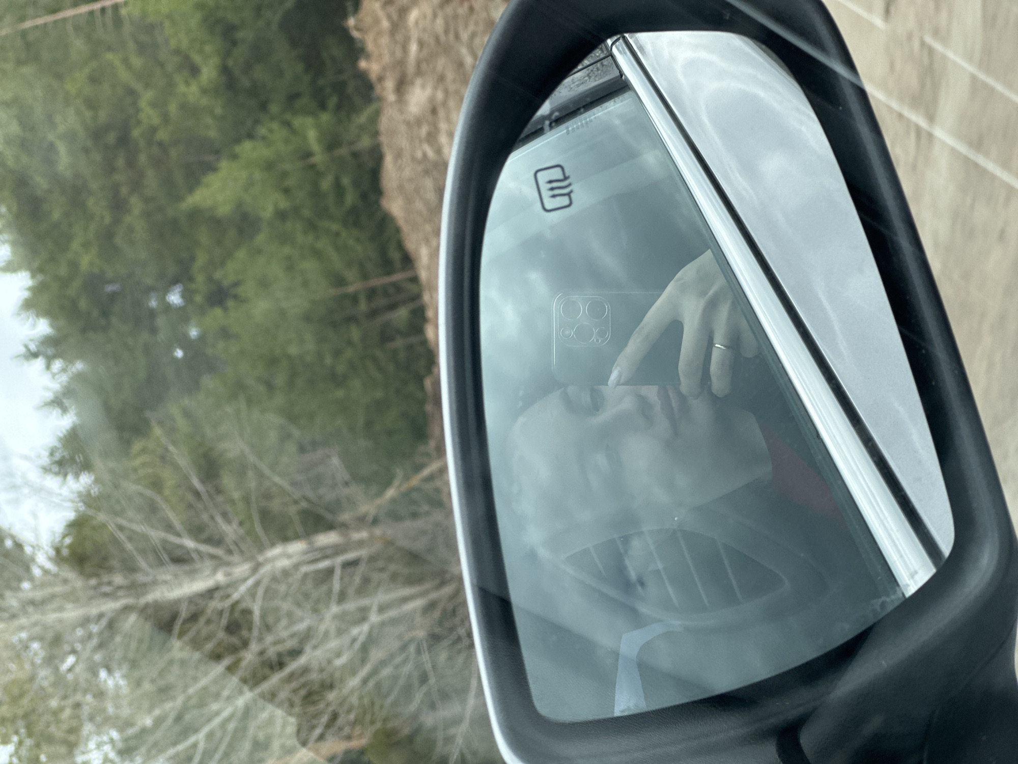 A close-up shot of a car's side mirror. The mirror reflects a person, likely taking the photo with a phone, evidenced by the phone's reflection. The finger of the person reflected in the mirror is pointing to their face. The background reflected in the mirror includes trees, indicating an outdoor setting. The mirror also displays a symbol indicating it's a heated mirror. The reflection off of the mirror suggests it's cloudy weather. The image does not provide any information about the location of Chaikovsky, Russia.