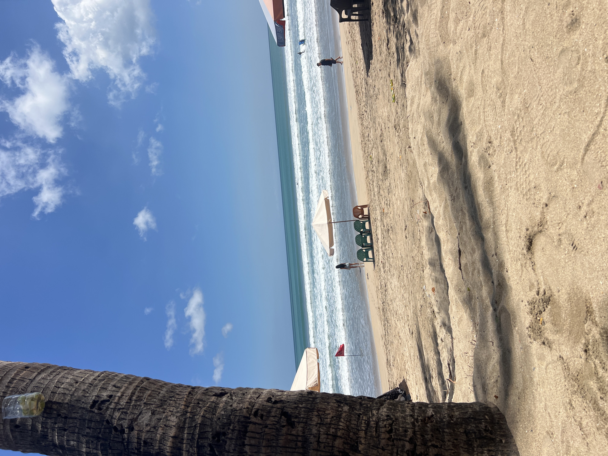 A bright, sunny day at Kuta Beach in Kuta, Indonesia. The foreground features the rough, textured trunk of a palm tree on the left, casting dappled shadows on the sandy ground. A clear plastic bottle containing green liquid is attached to the tree trunk. The middle ground reveals a wide expanse of golden sand leading to the ocean. Several beach chairs, two with umbrellas, are set up on the sand. A red flag waves on a pole near the waterline. Two people are visible on the wet sand near the ocean's edge, one walking towards the water and another further out. The ocean is a vibrant turquoise, with white waves breaking along the shore. Several surfers are in the water, further out. The sky is a clear, brilliant blue with scattered white clouds. In the background, a larger orange and white umbrella is visible on the right side of the frame. The scene captures a typical day at this popular Indonesian beach destination.