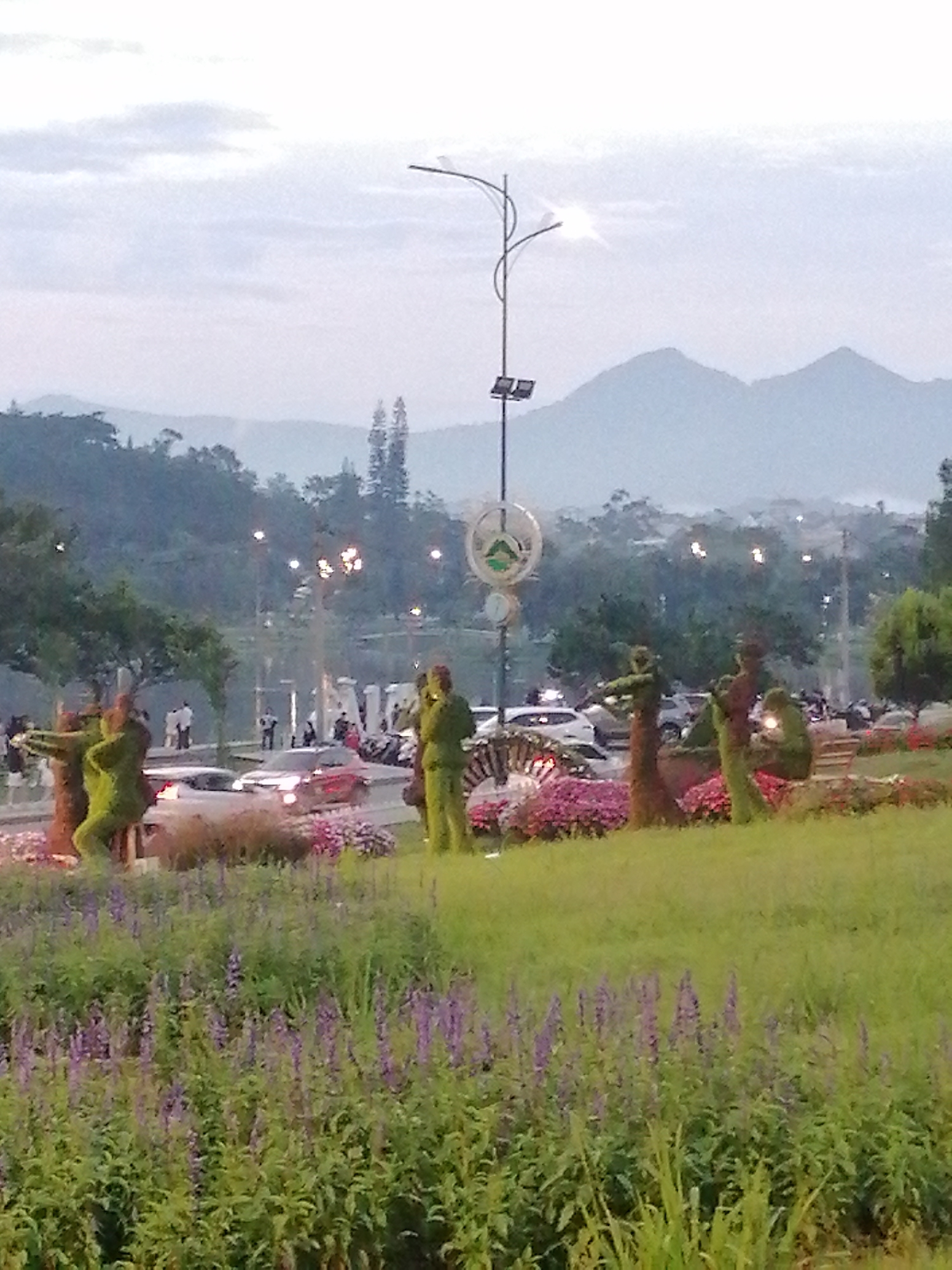 This is an outdoor daytime photograph taken in the city of Da Lat, Vietnam, likely at the Da Lat Flower Garden or a similar public park. The foreground is dominated by a patch of green grass with purple flowering plants. Behind this, there are several topiary sculptures of people, appearing to be made of greenery. One sculpture on the left depicts a person holding a bow and arrow, while another on the right seems to be playing a musical instrument.
In the mid-ground, a road with several vehicles, including cars and motorcycles, is visible. Red and white cars are the most prominent. A tall streetlamp with a solar panel is also present, along with other lighting fixtures. In the background, there are hills covered with trees and mist, suggesting a slightly cool or humid climate, typical of Da Lat. The sky is overcast with light clouds. There are a few individuals visible walking and standing near the road and the sculptures, but they are not the primary focus of the image. The overall scene conveys a sense of a public park or garden setting with artistic topiary installations.