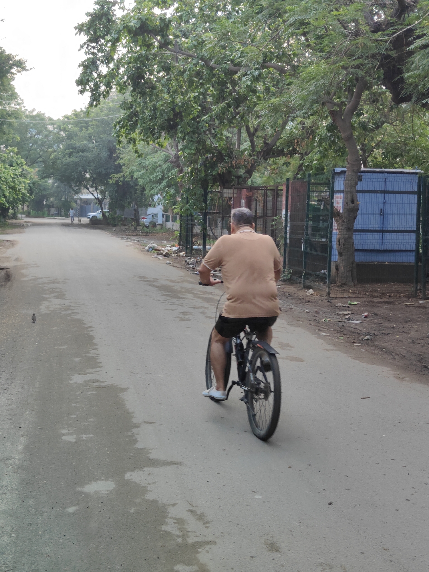 A man with graying hair is riding a black bicycle on an asphalt road, viewed from behind. He is wearing a light brown polo shirt and black shorts. The road is lined with trees and there are buildings and fences on the right side of the road. Some litter is visible on the side of the road. In the distance, other people and vehicles can be seen. The sky is overcast. The scene appears to be in a residential or semi-industrial area.