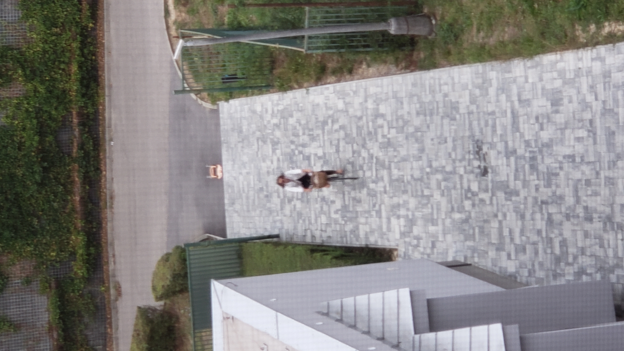 A person is riding a bicycle on a paved pathway. The person is wearing a white shirt and dark pants, and they have a basket on the front of the bicycle. The pathway is made of gray rectangular pavers and is surrounded by green grass and a metal fence. In the background, there is a building with a gray roof and a wall covered in ivy. The image appears to have been taken from a high vantage point, looking down on the scene. The specific location in the city of Prešov, Slovakia cannot be determined from the visual information alone.