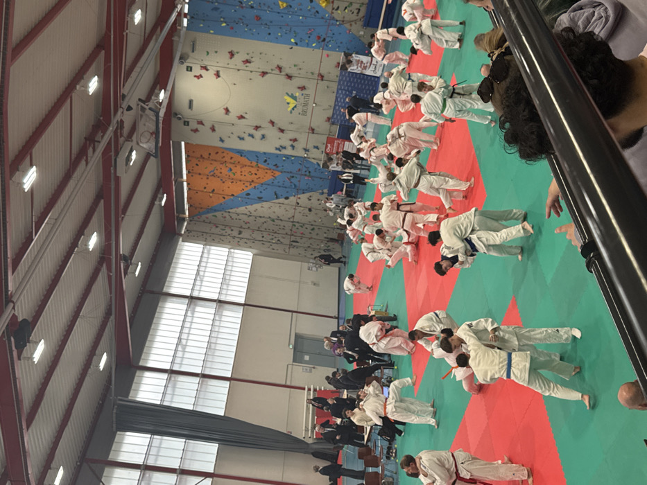 This image captures an indoor judo training session or event within a multi-sport hall in Brumath, France. The facility features a high ceiling with exposed red metal support beams and corrugated white panels, illuminated by linear fluorescent fixtures and natural light admitted through a series of tall, translucent windows on the left wall. A prominent climbing wall, composed of various colored sections including orange, blue, and grey with attached handholds, displays "BRUMATH" and "OHF" branding in the background. On the floor, a large mat area, segmented into red and green sections, hosts approximately 30-40 individuals, predominantly young adults, dressed in white judogis with various belt colors, including white, orange, blue, green, and black. They are actively engaged in pairs, performing judo throws, grappling, and falling techniques across the mat. In the mid-ground and left background, a group of approximately 15-20 individuals in formal attire (suits and dresses) stand along the perimeter, observing the activities. Partially visible in the upper right, above the climbing wall, is a retracted basketball hoop system. The image is captured from an elevated perspective, with parts of several spectators, including the head and shoulders of one individual, visible in the immediate foreground.