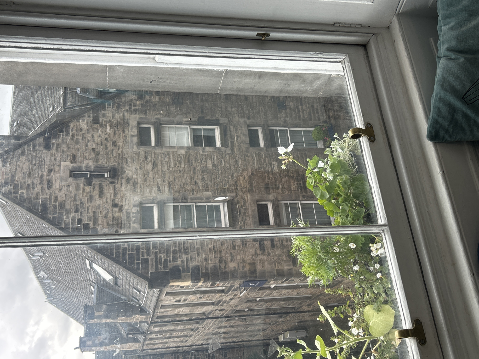 An outdoor view through a window shows a stone building in the city of Edinburgh, United Kingdom. The building is made of grey stone with a dark grey tiled roof. There are several windows visible, some with white frames and some with darker frames. Some of the windows are open, allowing a view into the interior which is not discernible. There are skylights on the roof. In the foreground, a window box with green plants and white flowers is visible. A large green leaf from a plant in the window box is prominent. The sky is overcast and grey.