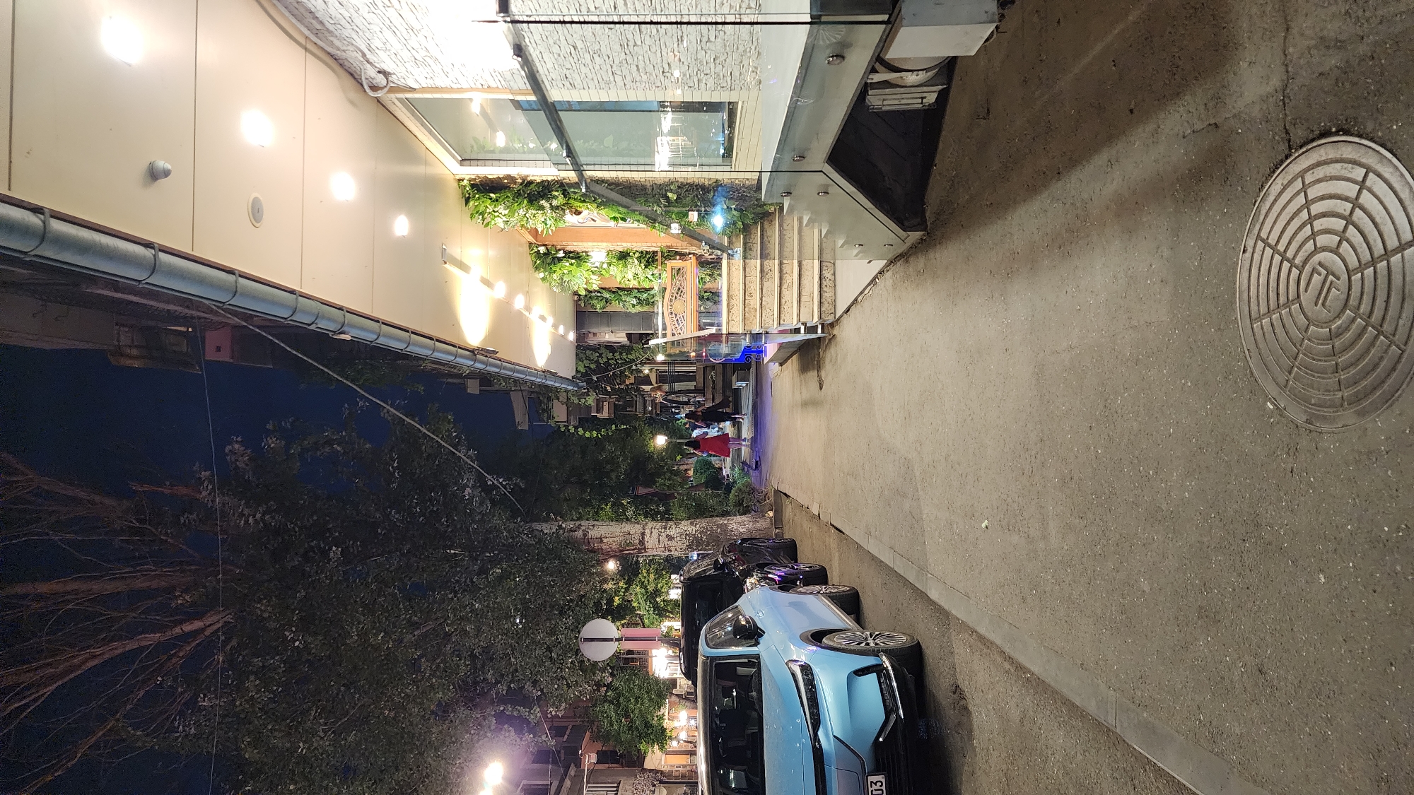 A street scene at night in Yerevan, Armenia, features a sidewalk with two cars parked on the left and a building with a covered entrance on the right. A light blue car is parked closest to the viewer on the left, followed by a dark SUV. The sidewalk extends into the distance, where two individuals are walking away from the camera towards the building. The building on the right has a modern facade with a glass storefront, stairs leading up to an entrance, and decorative greenery. Streetlights illuminate the scene, casting long shadows. The sky is dark blue, indicating nighttime. The overall impression is of a well-lit urban environment.