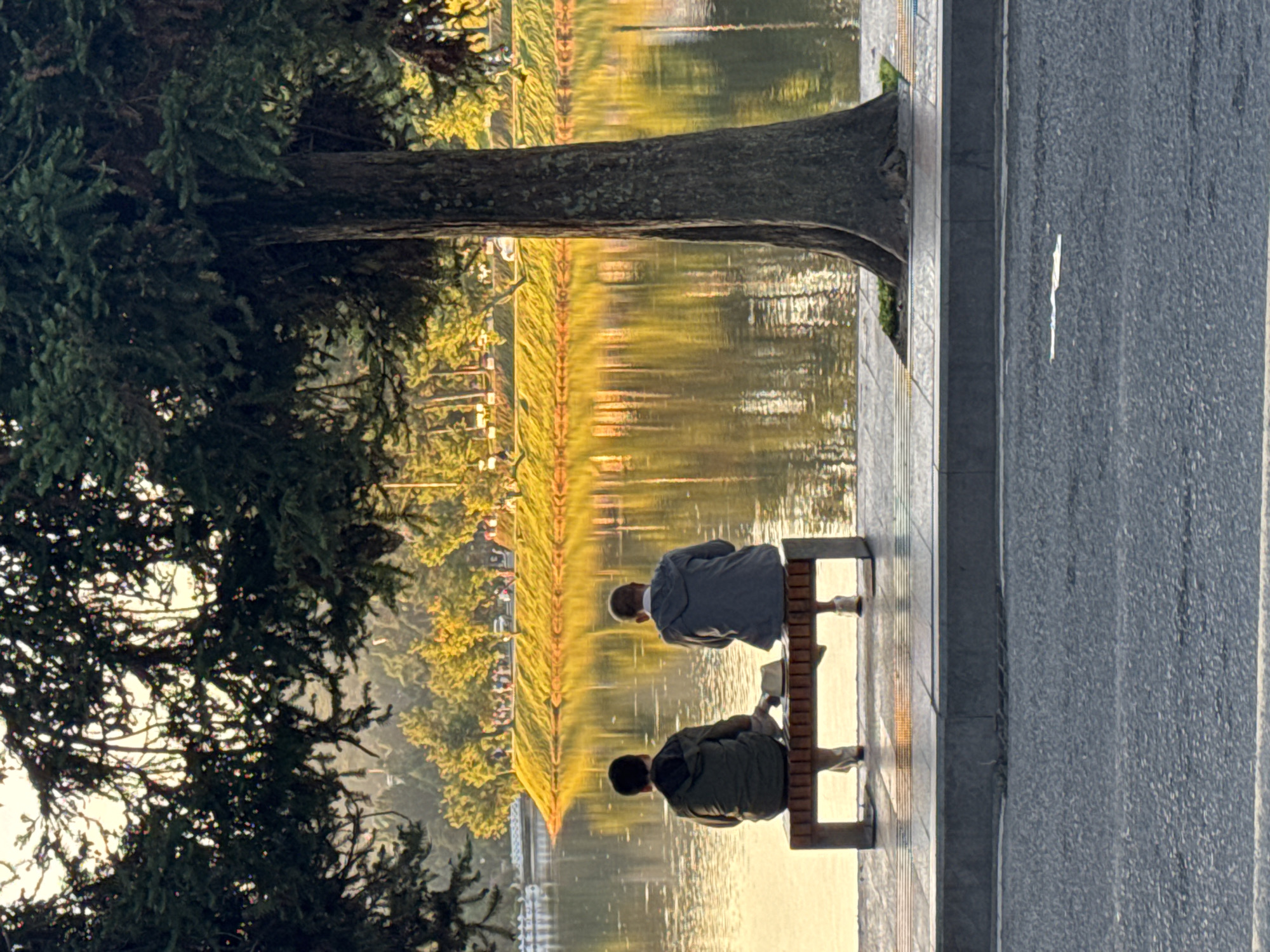 Two individuals, viewed from behind, are seated on a wooden bench beside a calm body of water, likely Xuan Huong Lake in Da Lat, Vietnam. The person on the left wears a green jacket and light-colored pants, while the person on the right wears a grey hooded jacket. A straw hat rests on the bench between them. The scene is illuminated by the warm, golden light of either sunrise or sunset, casting reflections on the water's surface. Lush trees line the opposite bank, with some foliage also extending into the foreground from the left and right. The environment suggests a park or public space within the city, characterized by water, greenery, and a paved walkway.