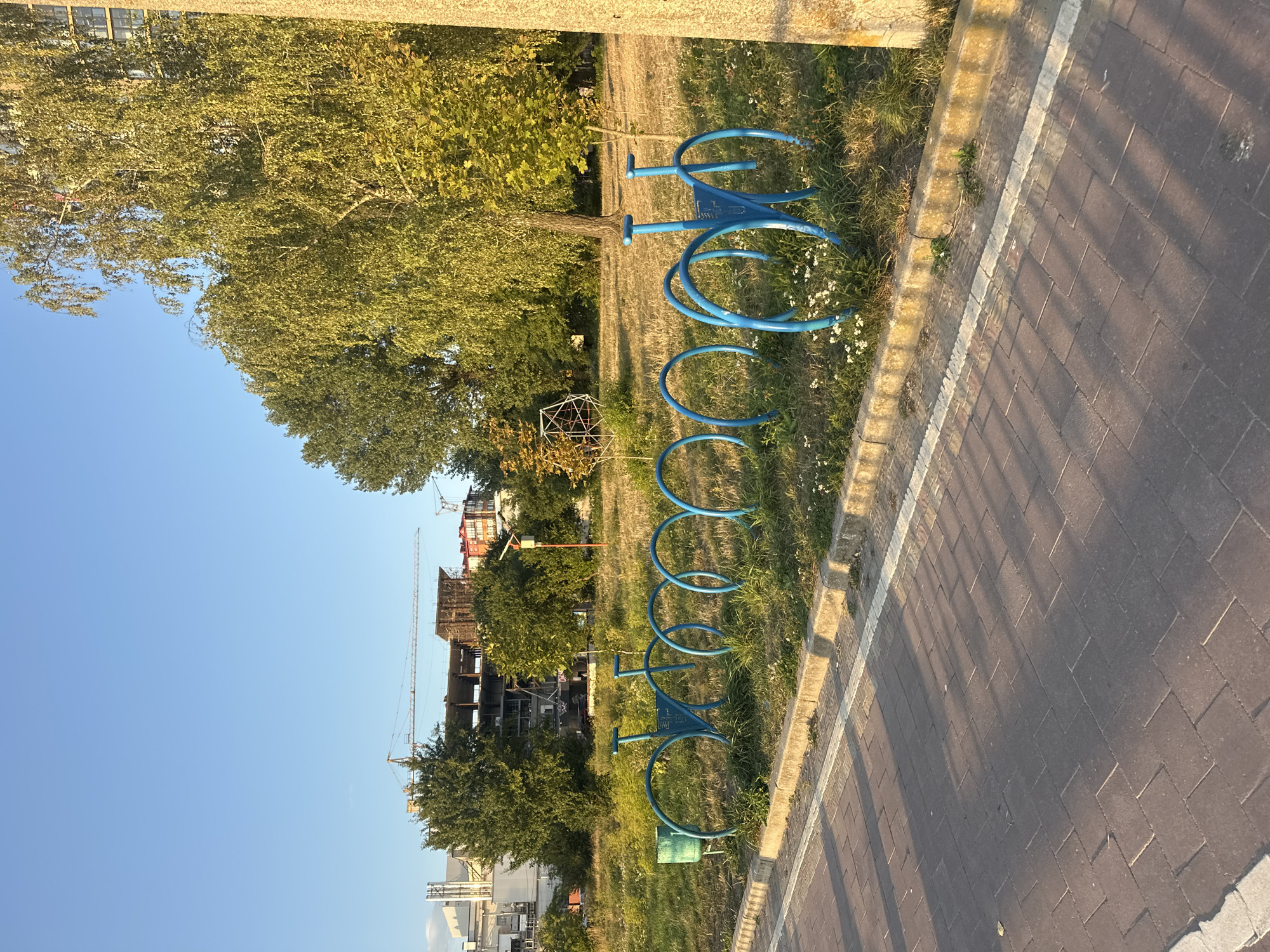 The image shows a bright, sunny day in Ternopil, Ukraine. In the foreground, a brick-paved walkway is visible, bordered by a concrete curb and a strip of grass. Beyond the grass is a bicycle rack made of blue metal, shaped to resemble bicycles. The rack is located in a grassy area with some wildflowers. In the background, there are several trees and a construction site with a crane. The sky is clear and blue.