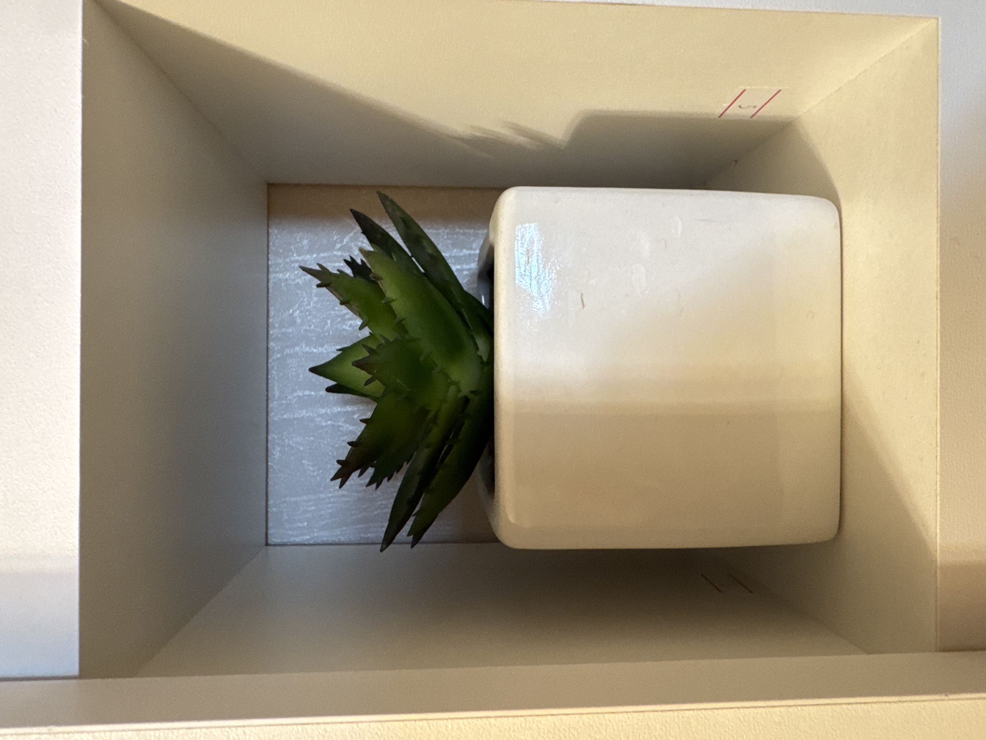 This is a medium-shot, eye-level photograph taken in Novosibirsk, Russia, of a small, artificial succulent plant in a white ceramic pot, placed inside a square, recessed shelf unit. The shelf unit is a light beige color and appears to be made of painted wood or laminate. The background wall of the shelf is textured with a faint vertical pattern. The succulent plant is dark green with pointed leaves and is centrally positioned within the pot. The pot has a matte finish and is square with slightly rounded edges. The lighting casts subtle shadows on the right side of the shelf. There are two small red marks on a white sticker on the right interior wall of the shelf. No people or animals are present in the image.