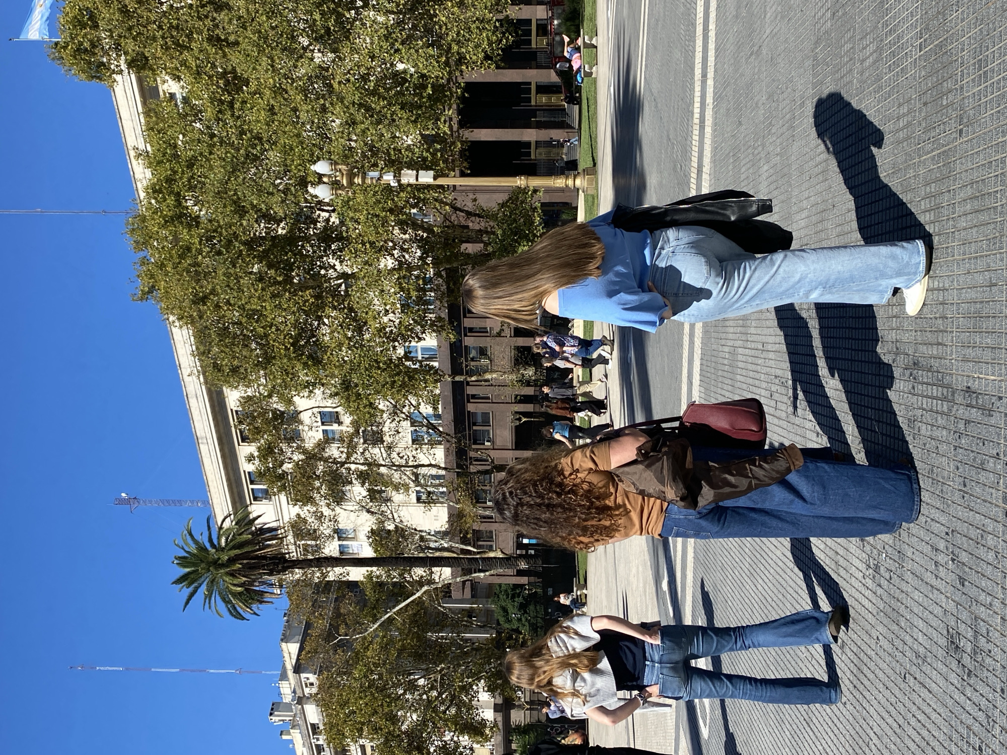 This outdoor photograph captures a sunny urban scene, likely in a city plaza or wide sidewalk. The image features three women in the foreground, viewed from behind, walking or standing on a paved surface.
The woman on the right has long, straight, light brown hair, wearing a light blue long-sleeved top and light wash blue jeans, with a black jacket slung over her arm. The woman in the middle has long, curly, brown hair, dressed in a brown long-sleeved top and dark blue jeans, carrying a dark red shoulder bag. The woman on the left has long, straight, lighter brown hair, wearing a light-colored striped cardigan over a dark top and blue jeans. All three cast distinct, long shadows on the patterned paved ground, suggesting bright sunlight during mid-morning or late afternoon.
In the midground and background, there are numerous green trees, some with dense foliage, and classic-style multi-lamp streetlights. Other pedestrians are visible further back, some walking and others seated. Tall, light-colored buildings with windows, exhibiting a classical architectural style, line the background. A prominent palm tree stands out against the clear blue sky. Several slender antennas or communication towers are visible on distant rooftops. In the upper left corner, a light blue and white striped flag, indicative of the Argentinian flag, flies against the clear sky.
The scene depicts everyday activity in a vibrant, sunny city environment, with architectural elements and the flag consistent with Buenos Aires, Argentina. No discernible text is visible within the image.