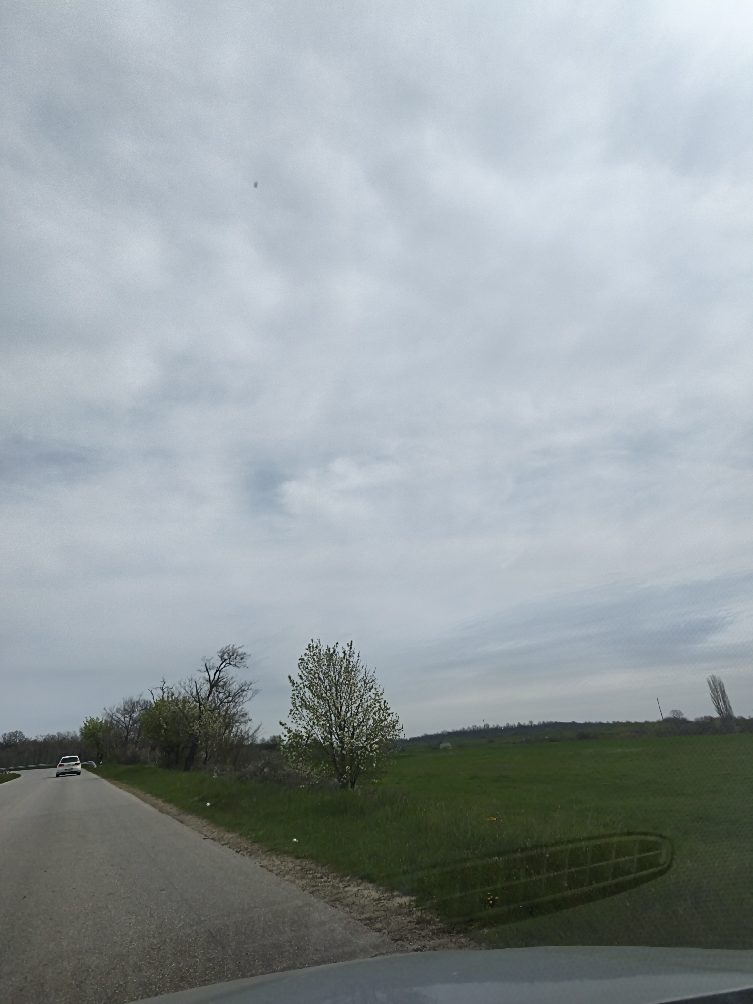 The image shows a road running through a rural area under a cloudy sky. A car is traveling on the road. To the right of the road is a grassy field with some trees. A windshield wiper is visible in the bottom center of the frame. The location is unknown.