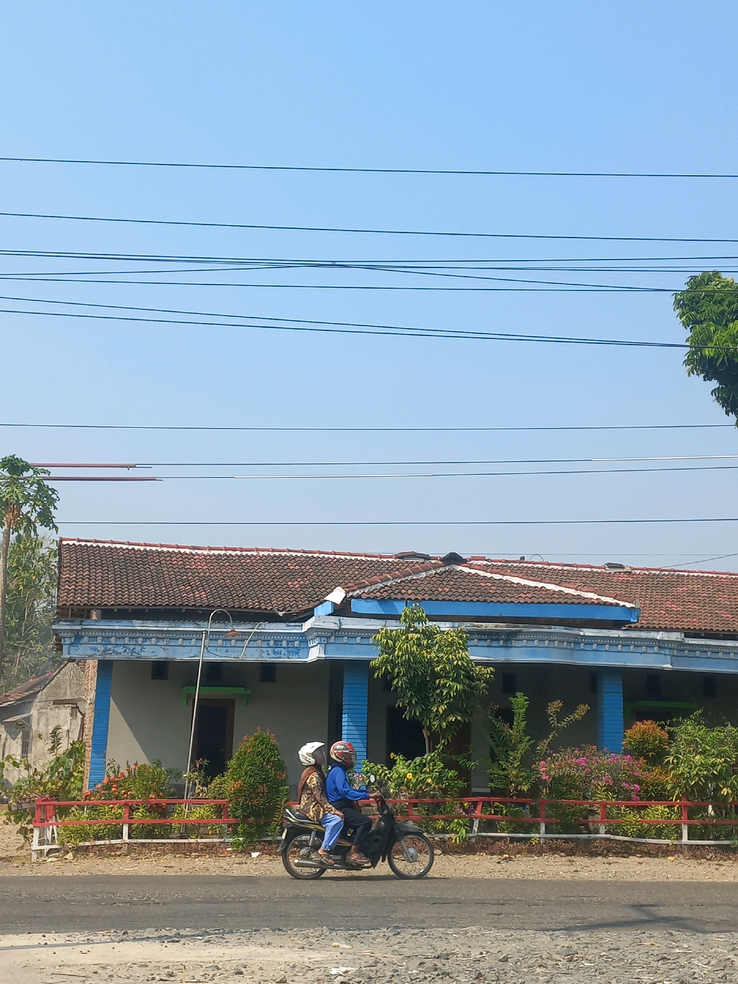 In the city of Baturetno, Indonesia, a motorcycle carrying two individuals, both wearing helmets, travels along a paved road. The driver is on the left, wearing a blue long-sleeved shirt and blue pants, while the passenger on the right is wearing a patterned long-sleeved shirt and brown headscarf. The motorcycle is a dark color with visible spoked wheels. They are positioned in the lower right quadrant of the image, moving from left to right.
Behind the road, a single-story house with a red-tiled roof and a blue trim along the eaves is visible. The house has a light-colored facade with blue decorative pillars at the entrance. A red fence runs in front of the house, bordering a garden with various green bushes and flowering plants in shades of orange and pink. A tall, thin tree with green leaves stands to the left of the house, and another smaller tree is in front of the house.
The background is dominated by a clear, light blue sky, with several thin power lines stretching horizontally across the upper half of the frame. The overall scene suggests a sunny day in a semi-rural or suburban environment.
