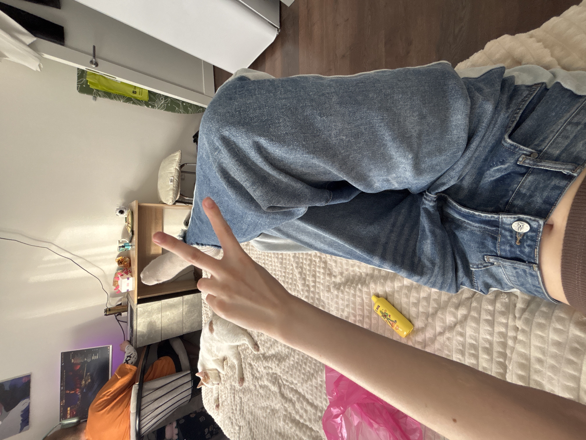 The image shows a person wearing jeans sitting on a bed with a white, textured blanket. A white and orange cat is lying on the blanket near the person's arm, which is extended with two fingers raised in a peace sign. Next to the arm, there is a yellow object that could be a marker or pen. A pink plastic bag is also on the blanket. In the background, there is a desk with a computer monitor, and an orange shirt is draped over a chair. There is an ironing board leaning against the wall, and a cabinet. The city and specific location within Russia are unknown.