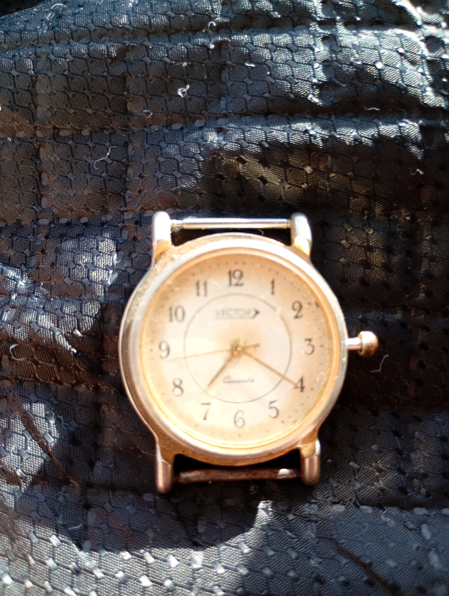 A close-up, overhead shot shows a gold-toned analog watch resting on a dark, textured fabric. The watch face is light-colored with black numerals and hands. The brand name "VECTOR" is visible in thin, dark font, and below it, the word "Quartz" is written in a script font. The watch has a thin metal band attached to its lugs. The fabric beneath the watch has a repeating hexagonal pattern and is lit unevenly, with bright highlights and deep shadows. The image does not provide any information about the location in Avanhard, Ukraine.