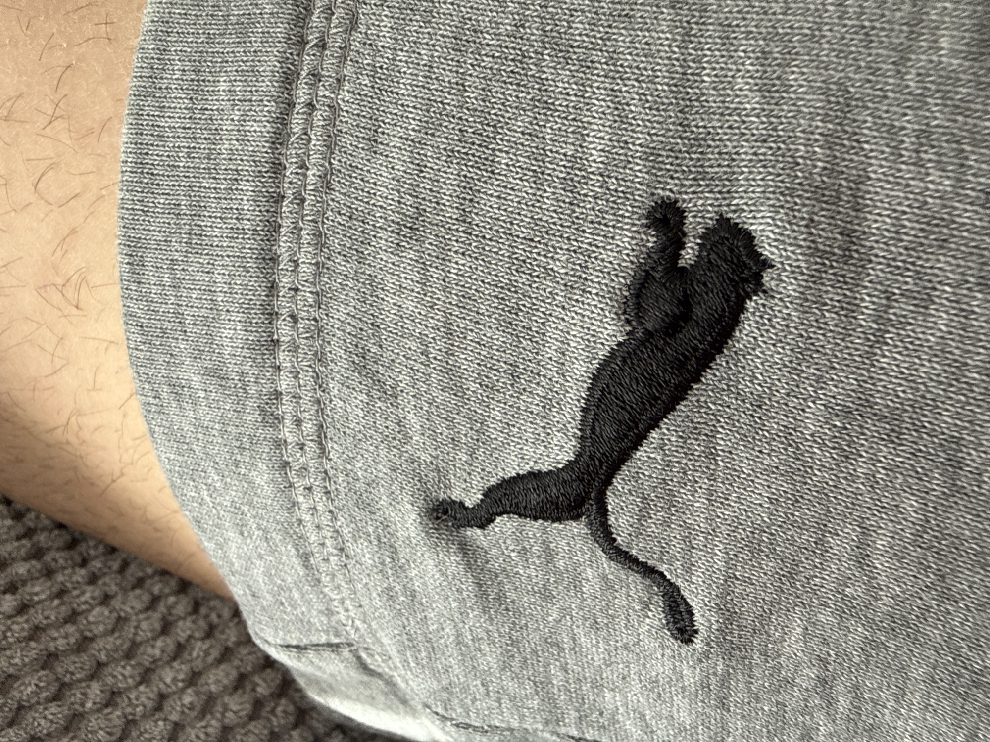 The image shows a close-up of grey Puma shorts. The black Puma logo is embroidered on the shorts. Part of a person's leg is visible to the left of the shorts. The background shows a grey textured surface. The image does not depict the city of Lovech, Bulgaria.