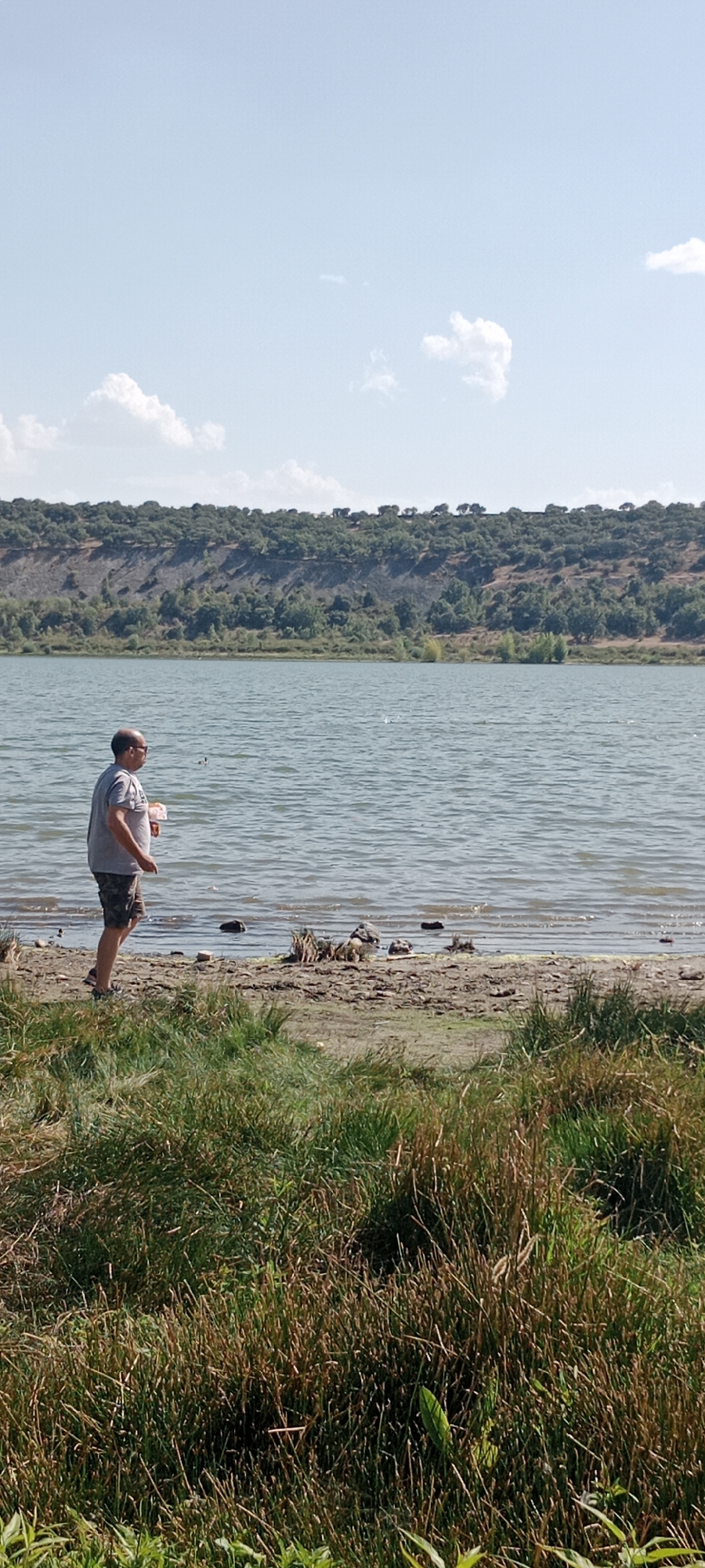 In Guadalix de la Sierra, Spain, a man stands on the muddy shore of a large body of water, possibly a reservoir, looking out at the rippling surface. He is wearing a grey t-shirt and camouflage shorts and appears to be holding a white object, possibly a cup, in his right hand. Behind him, the water stretches towards a distant, tree-covered hill. The sky above is a pale blue with a few wispy white clouds. The foreground is dominated by tall, dry grass and reeds, suggesting a natural, undeveloped landscape. The overall scene depicts a tranquil outdoor setting on a sunny day.