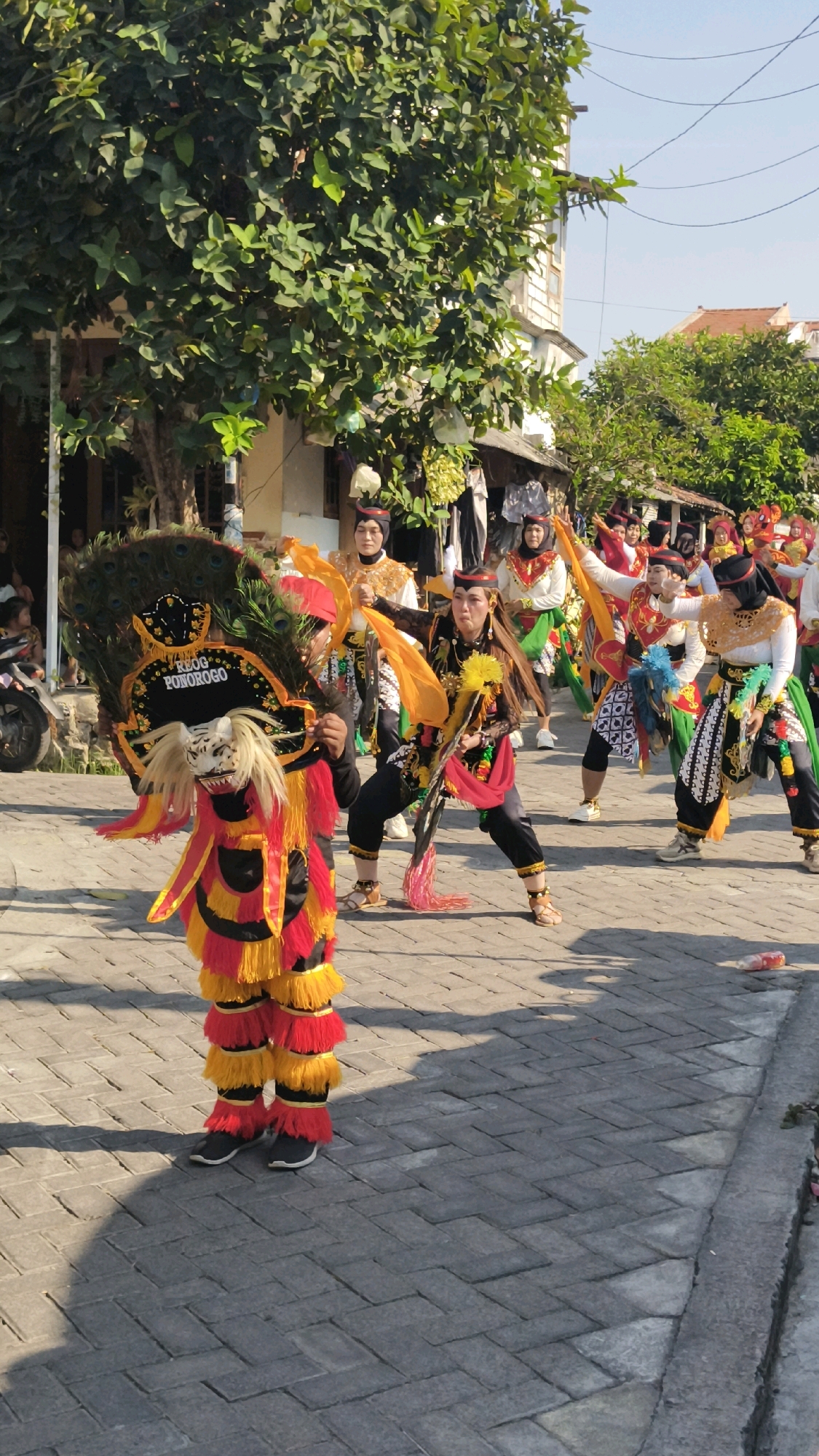 In Dalegan, Indonesia, a group of performers is engaged in a vibrant cultural procession under a clear sky. The central figure is adorned in a striking costume featuring a white, fanged mask with a flowing blonde mane and elaborate headdress adorned with peacock feathers and a black banner that reads "Reog Ponorogo". This character wears a bright yellow and red fringed outfit, with matching leg coverings. To the right, other performers are dressed in traditional attire, with some wearing black pants and vests adorned with intricate white and gold patterns, while others wear white tops with gold trim. Many of them are holding yellow sashes and are in dynamic poses, suggesting they are dancing or performing. The procession is taking place on a paved street, with a line of trees and buildings lining the background. The ground is made of interlocking grey bricks, and shadows from the trees and people are cast across the surface. A red and white plastic bottle lies on the street in the lower right corner.