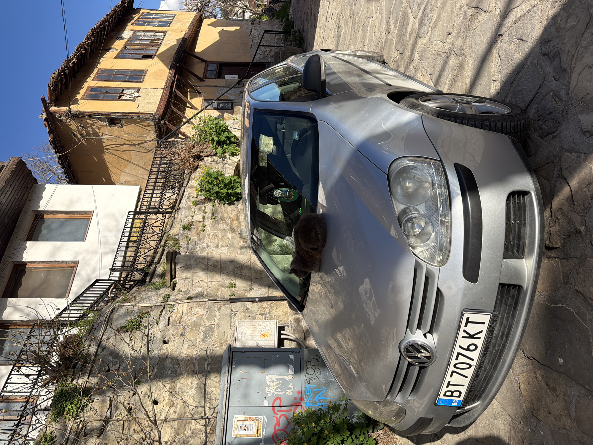 The image shows a silver Volkswagen Golf parked on a cobblestone street in Veliko Tarnovo, Bulgaria. A gray cat is lying on the hood of the car. The license plate of the car reads "BT 7076 KT". A stone wall borders the street, with buildings of traditional Bulgarian architecture visible in the background, some with wrought-iron balconies and exterior stairs. There is an electrical box adjacent to the car with some graffiti and stickers. The sky is blue.