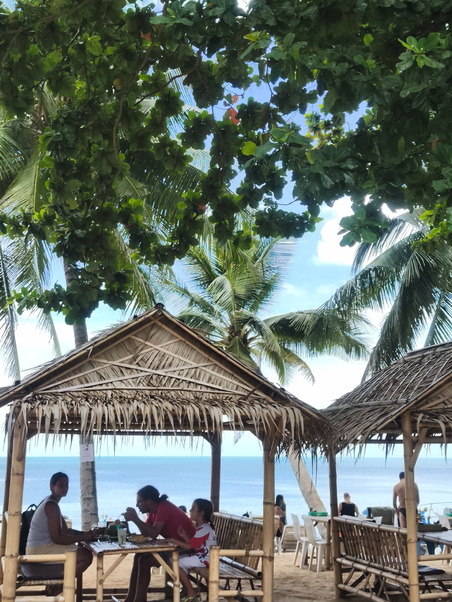 In Ko Samui District, Thailand, a family of three, consisting of two adults and one child, is seated at a bamboo table under a thatched-roof hut on a sandy beach. The family appears to be engaged in a meal or a drink, with plates and glasses on the table. The hut is constructed from natural materials, including bamboo poles and a thatched roof made of dried leaves, offering shade from the sun.
Behind the family, the turquoise ocean stretches out to the horizon under a partly cloudy sky. Palm trees and lush green foliage frame the scene, creating a tropical ambiance characteristic of the island. In the background, other people can be seen on the beach and in the water, suggesting a lively but relaxed atmosphere. The overall setting is a picturesque beachside eatery, common in tourist destinations like Ko Samui.