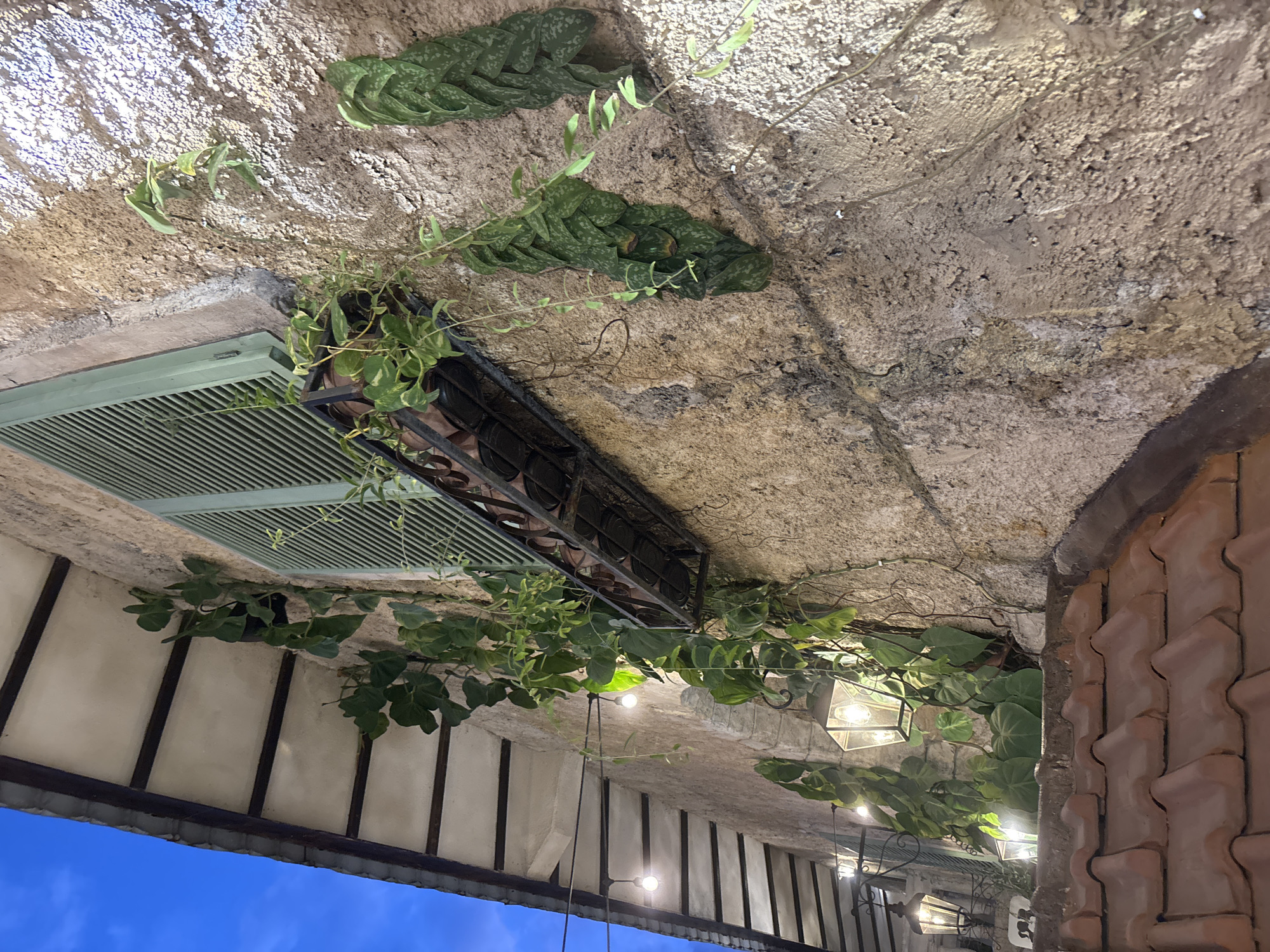 The image depicts an exterior view of a building's stone wall in Kuta Selatan, Indonesia, at dusk. The wall is textured and shows signs of age. Green vines with heart-shaped leaves grow extensively over the wall, some reaching towards a window with light green louvred shutters. A metal planter box sits beneath the window, filled with more plants. String lights with exposed bulbs are strung across the scene, casting a warm glow. Below the wall, a section of terracotta roof tiles is visible. Two decorative lanterns are also mounted on the wall, their bulbs illuminated. The sky above is a deep blue, indicating twilight. There are no people or animals present in the image.