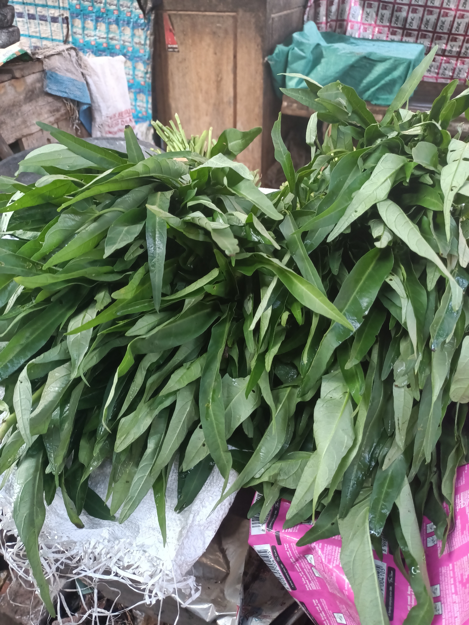 A close-up, eye-level shot shows a large bunch of water spinach, also known as kangkung, harvested and bundled. The leaves are a vibrant green, some with a slight sheen suggesting they have been recently washed or are naturally moist. They are long and slender, tapering to a point, with prominent veins. The stems are thick and sturdy. The water spinach is piled high, obscuring much of the background.
In the bottom left, a white, textured woven bag or sack is partially visible, providing a base for the vegetables. A white, stringy material, possibly packing material or remnants of another item, spills from the top of this bag. To the right and below, a bright pink package is partially visible, with visible text and graphic elements. This packaging appears to be a consumer product, possibly food-related, with barcodes and small print.
The background is blurred and out of focus, but suggests a market or outdoor stall setting. Hints of wooden structures, possibly shelves or crates, are visible. Behind the water spinach, a rough wooden surface can be seen. Further back, a patterned fabric or tarp, possibly blue and white, is stretched across something. To the right, a folded green cloth or tarp is visible. The overall impression is a busy, possibly humid environment where fresh produce is sold. The scene is consistent with an outdoor market stall in a tropical climate, such as one found in Badas, Indonesia. No people are visible in the frame.