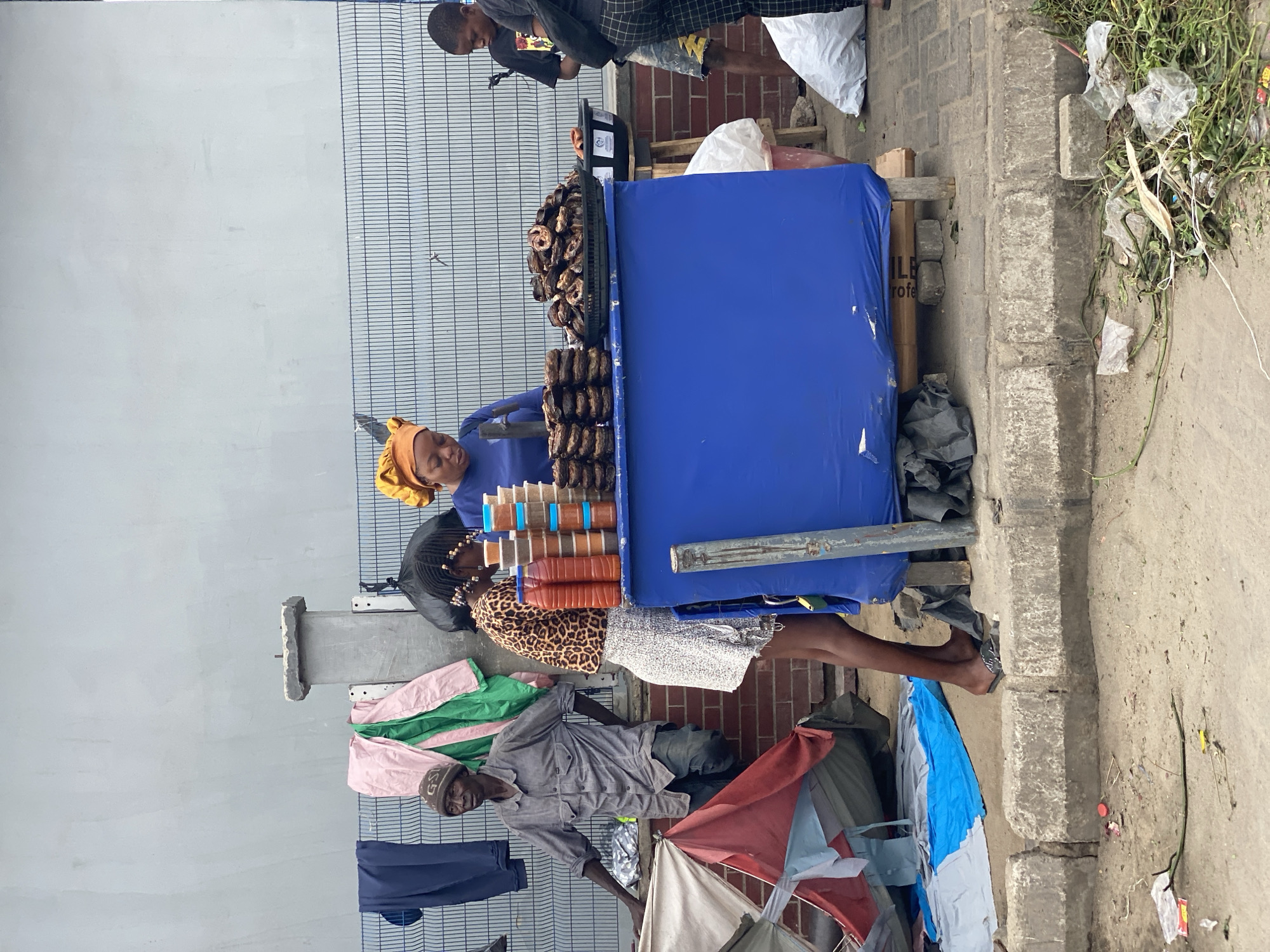 The image depicts a street scene in Lekki, Nigeria. A woman with a yellow headwrap stands behind a table covered in a bright blue cloth. The table displays stacks of what appears to be smoked fish and rows of bottled beverages. Another person, possibly a young woman, with braided hair is positioned to the side of the table.
A man sits on the ground next to the table, partly obscured by what appears to be an umbrella. Clothing hangs on a chain-link fence in the background. A second individual is standing above the table. Debris and vegetation are present on the sidewalk to the right. The setting appears to be a busy street or marketplace.