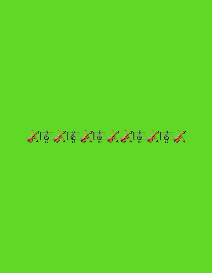 The image displays a repeating pattern of violins and treble clefs arranged horizontally against a vibrant green background. This visual composition is presented in a studio setting, devoid of any natural or urban environmental context. The subject matter is purely graphic and illustrative, with no discernible connection to the city of Gorzow, Poland, or any specific geographic location. The arrangement is symmetrical and orderly, with each violin positioned above a treble clef, creating a rhythmic visual sequence. The colors are bright and uniform, emphasizing the artificial and abstract nature of the presentation.